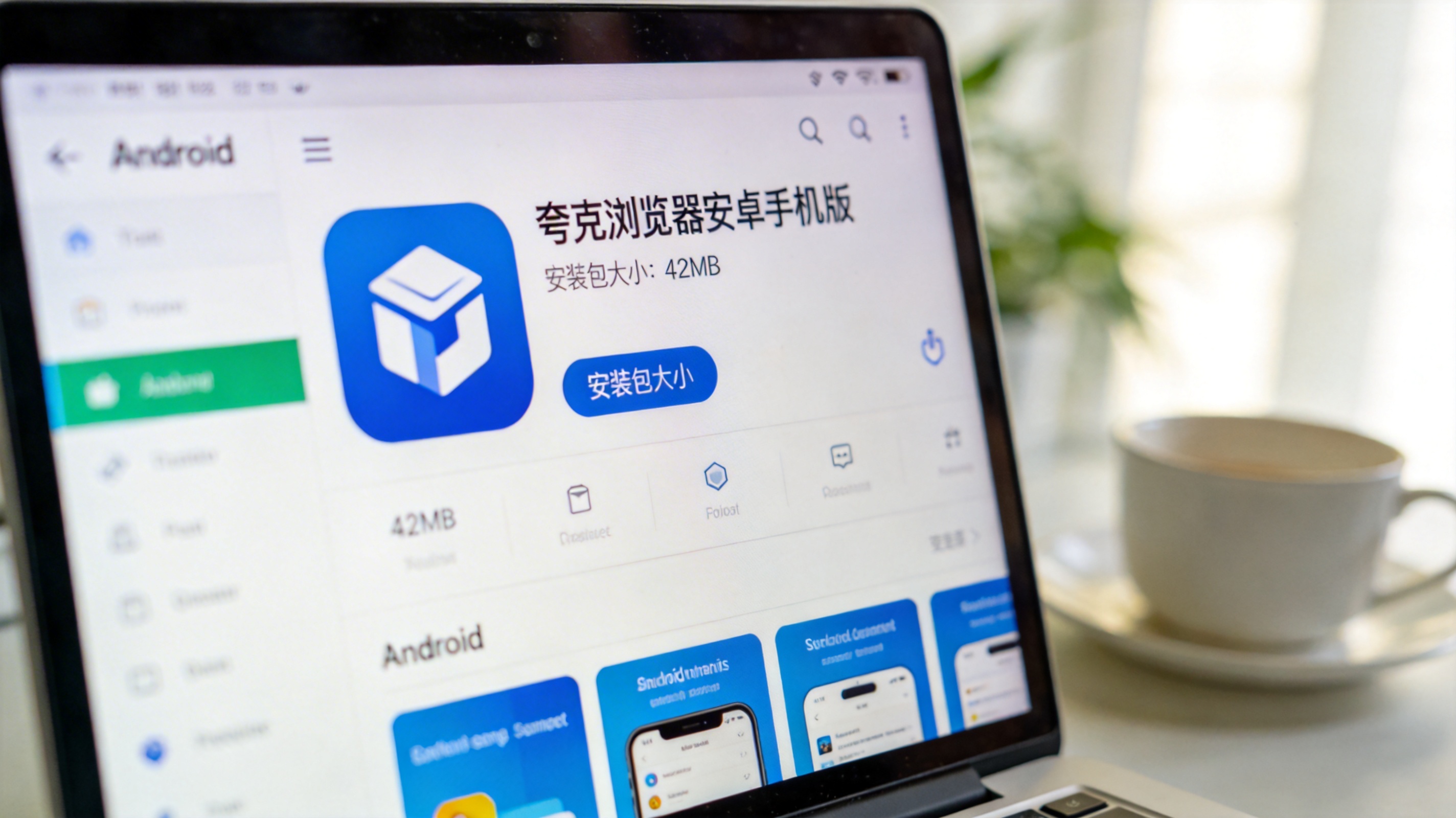 电脑桌面显示安卓应用商店界面，页面里有夸克浏览器安卓手机版下载入口，标注安装包大小42MB，室内自然光