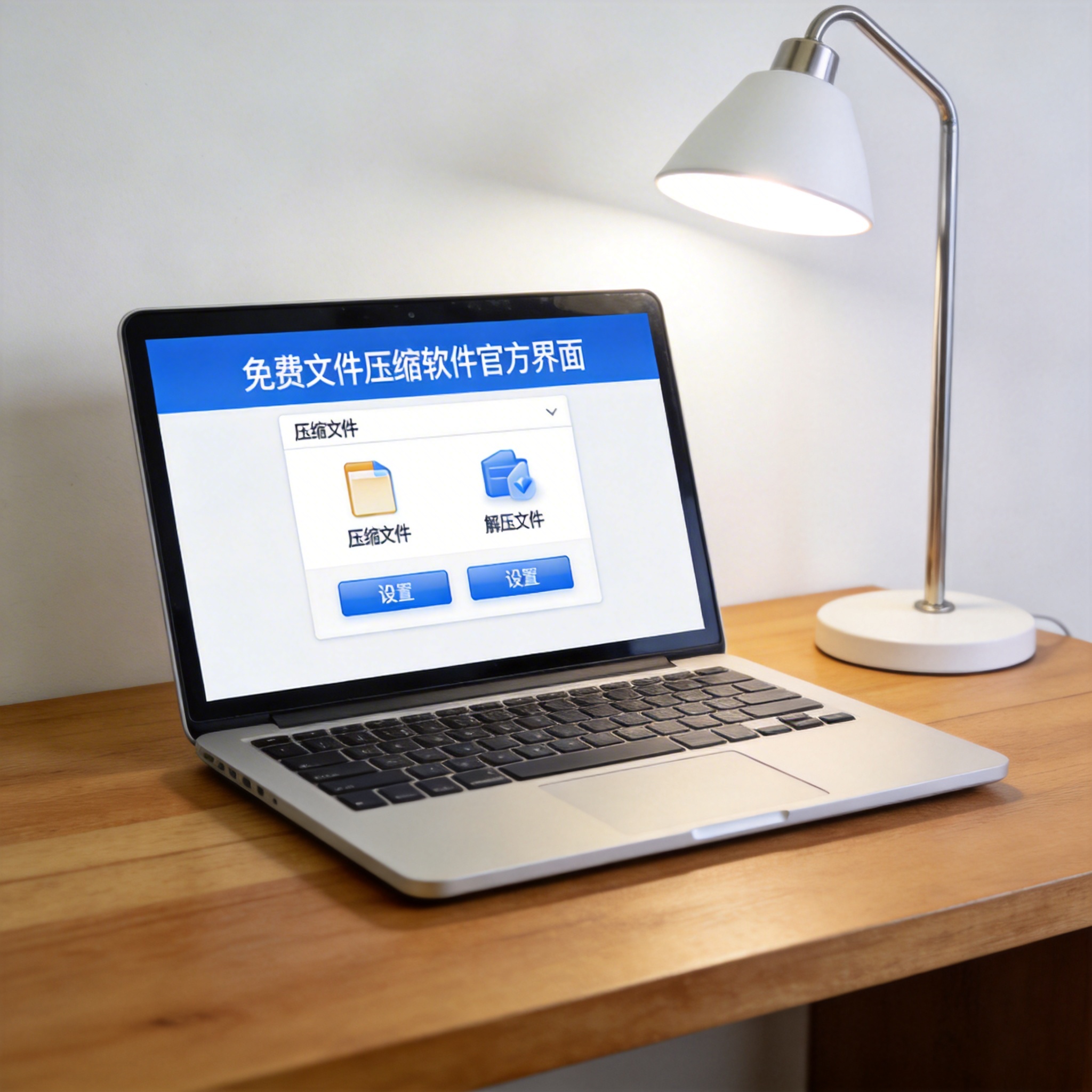 电脑桌上的电脑，屏幕显示免费文件压缩软件官方界面，旁边放着台灯
