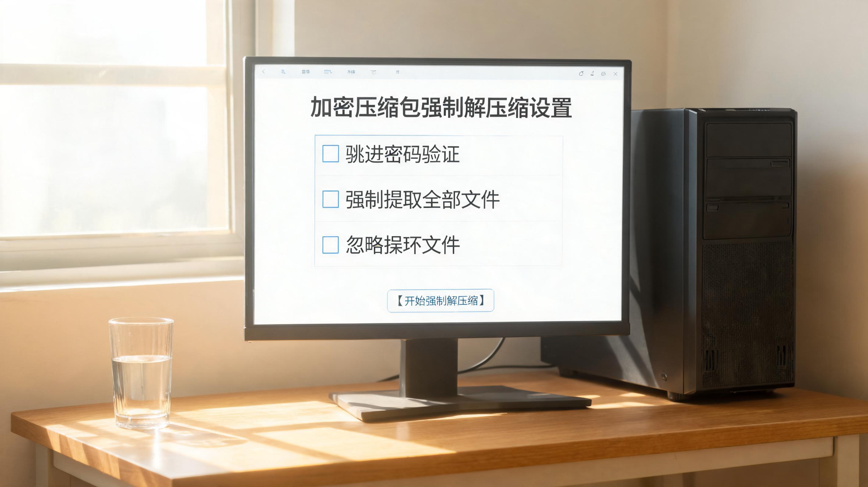 书桌上的主机，屏幕显示加密压缩包强制解压缩设置界面，桌角放着水杯，自然光