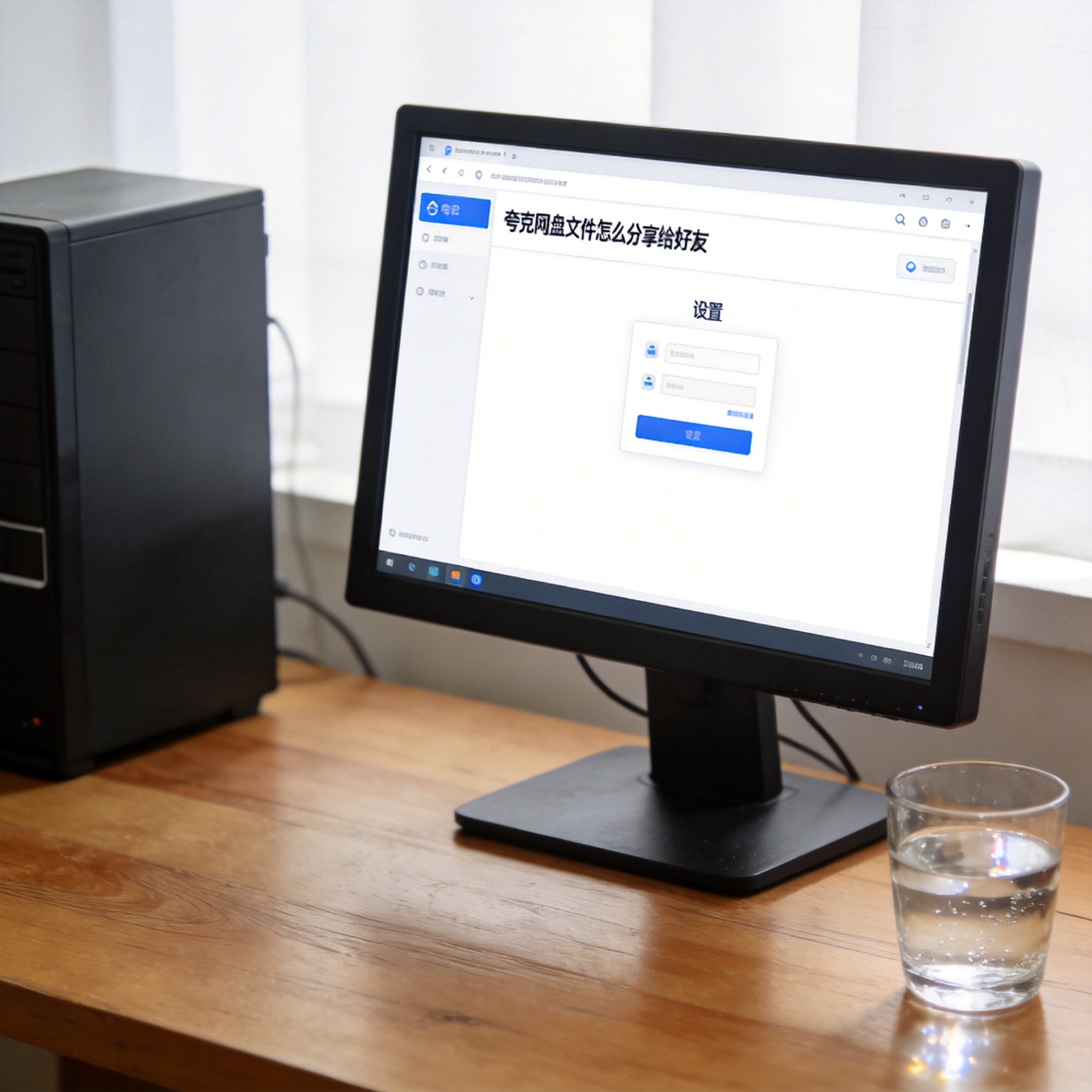 书桌上的主机，屏幕显示夸克网盘文件怎么分享给好友设置界面，桌角放着水杯，自然光