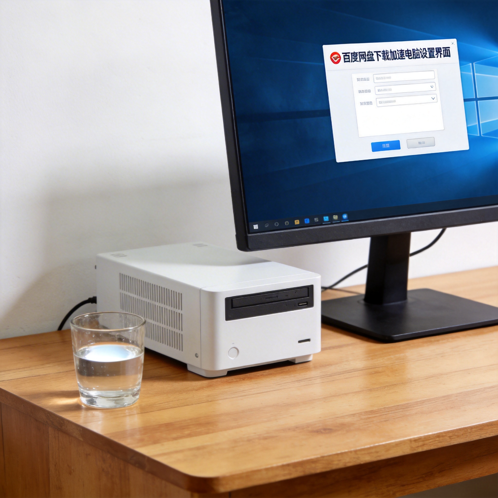 书桌上的主机，屏幕显示百度网盘下载加速电脑设置界面，桌角放着水杯，自然光