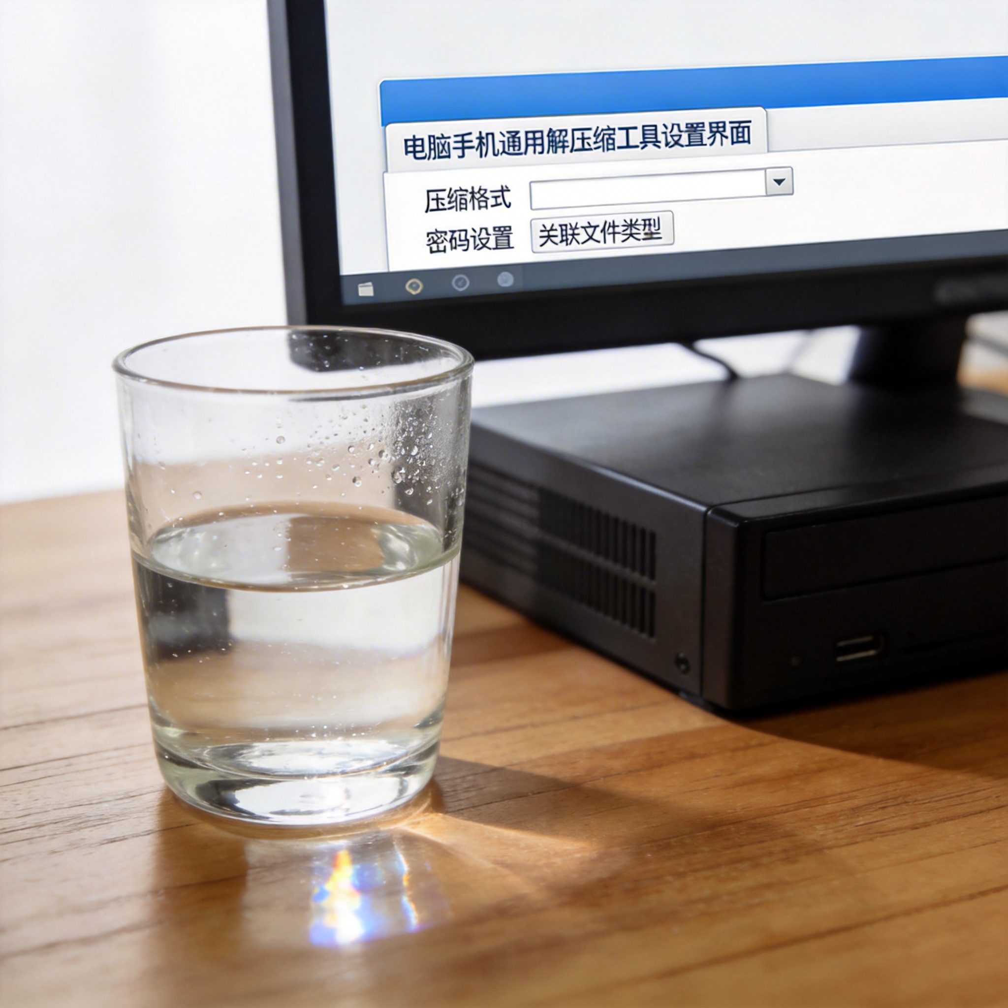 书桌上的主机，屏幕显示电脑手机通用解压缩工具设置界面，桌角放着水杯，自然光