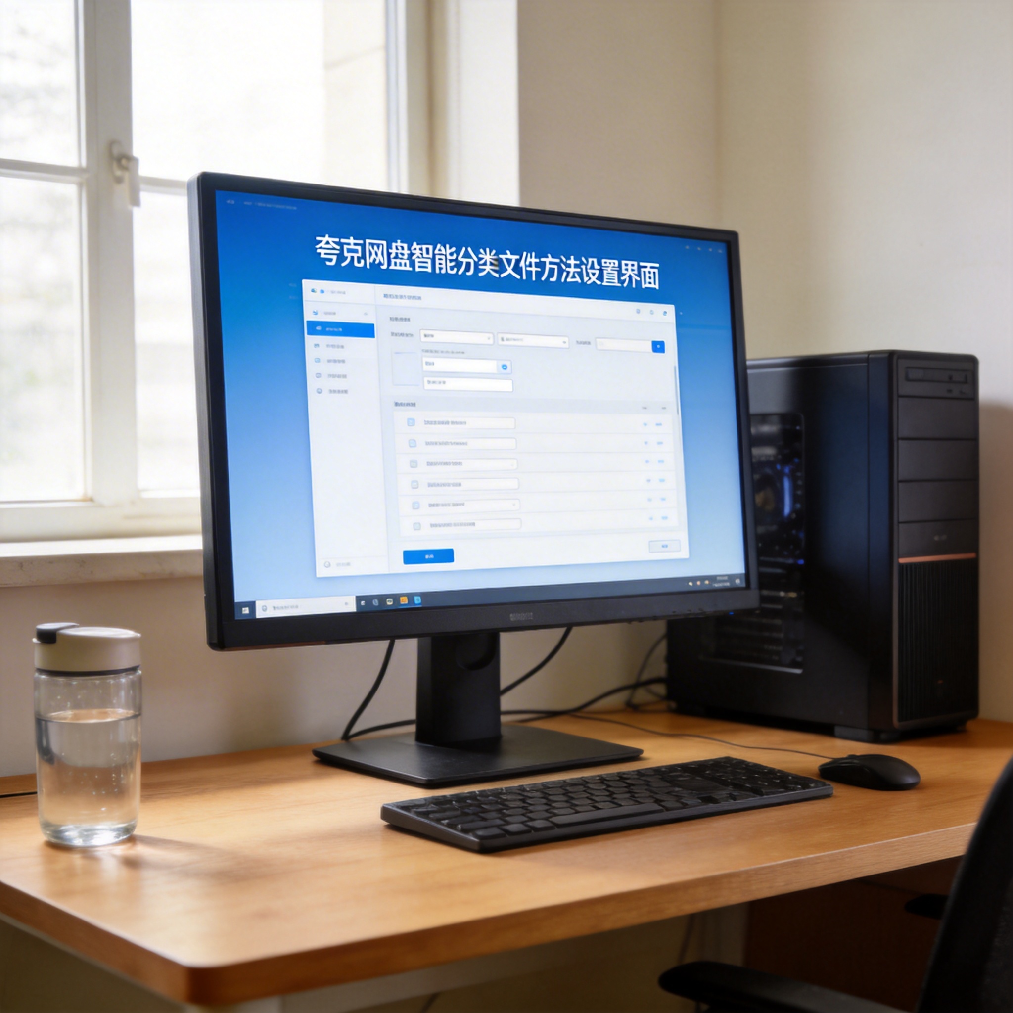 书桌上的主机，屏幕显示夸克网盘智能分类文件方法设置界面，桌角放着水杯，自然光