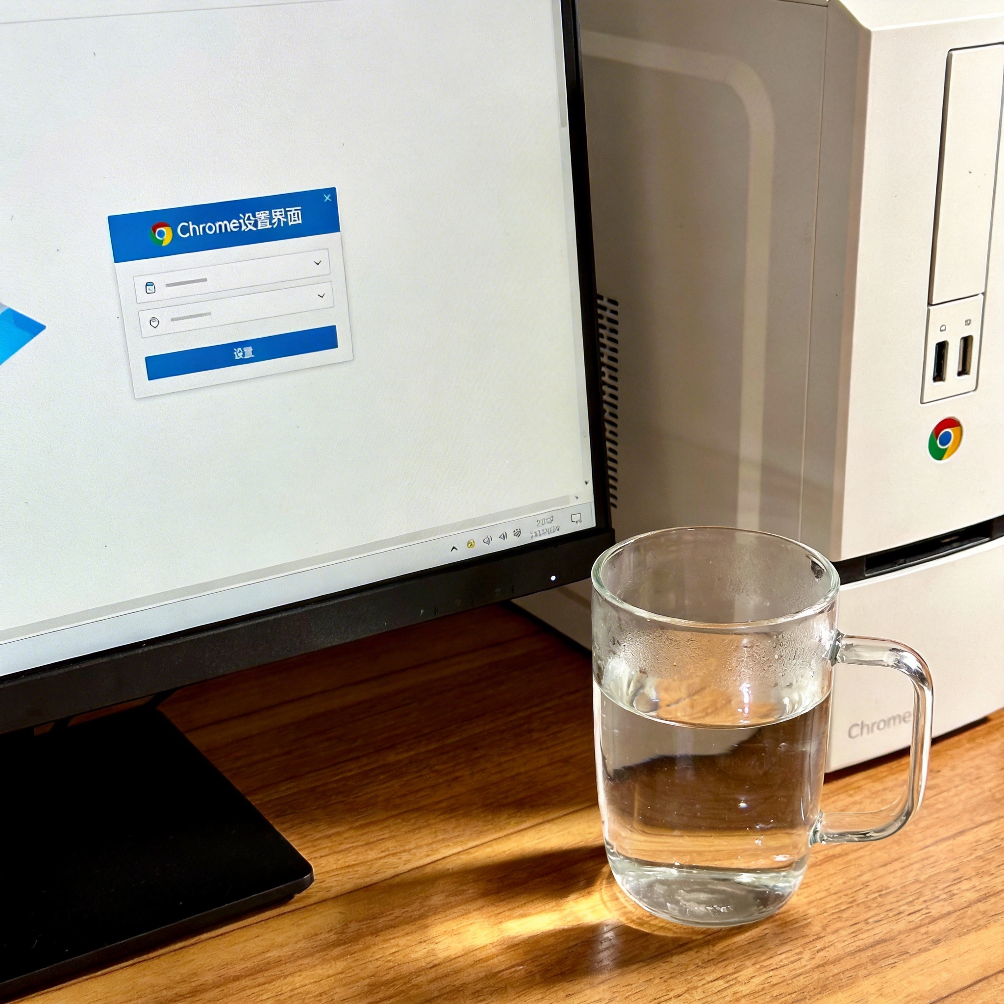 书桌上的主机，屏幕显示Chrome设置界面，桌角放着水杯，自然光
