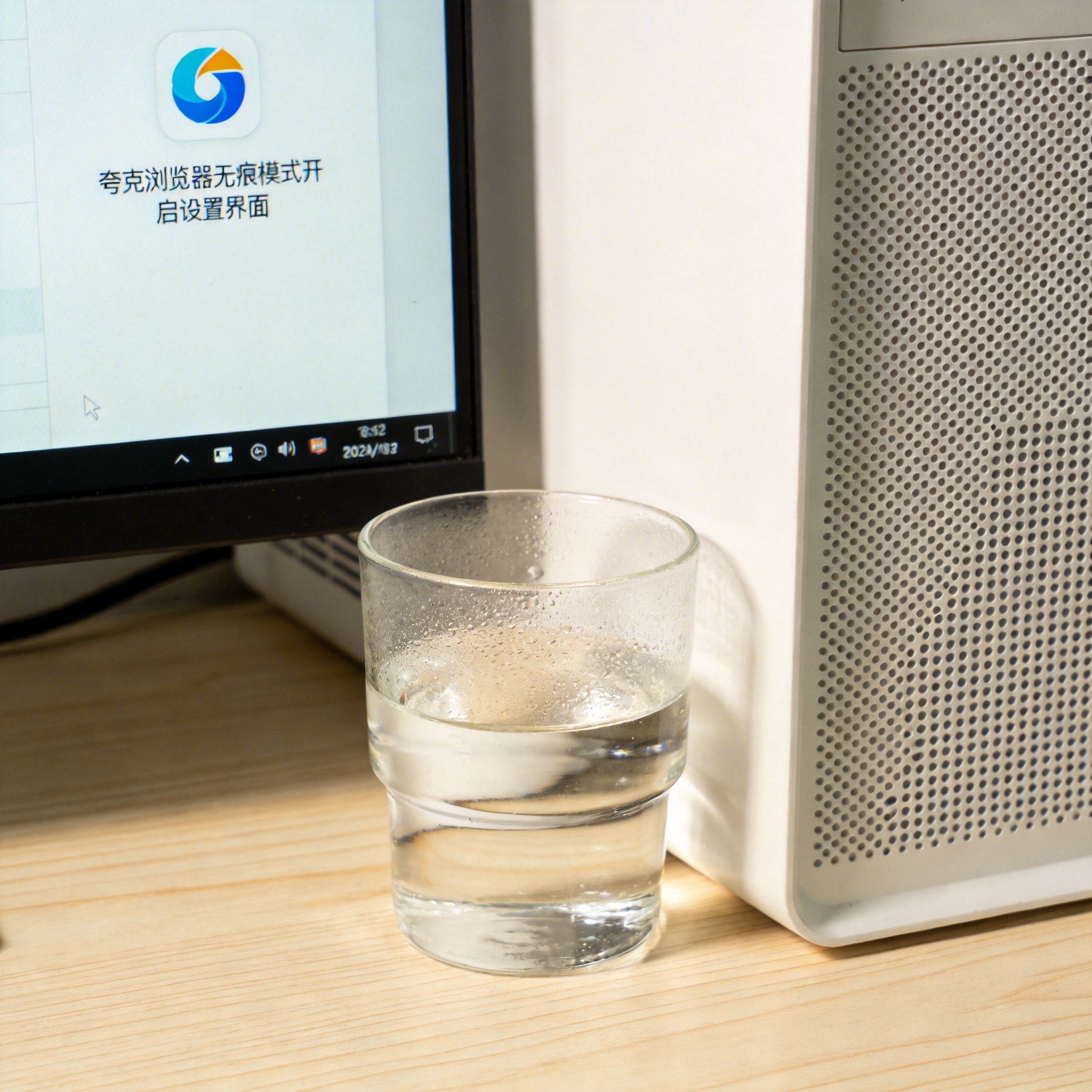 书桌上的主机，屏幕显示夸克浏览器无痕模式开启设置界面，桌角放着水杯，自然光