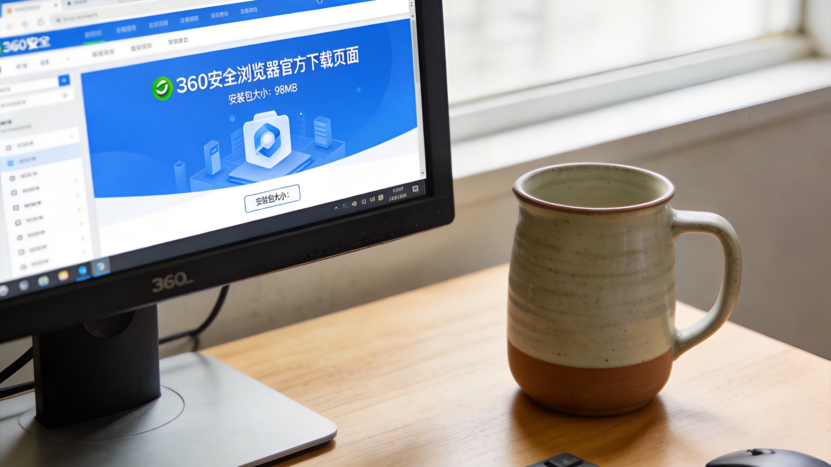 电脑桌面，屏幕显示360安全浏览器官方下载页面，安装包大小显示为98MB，旁边放着陶瓷水杯，室内自然光