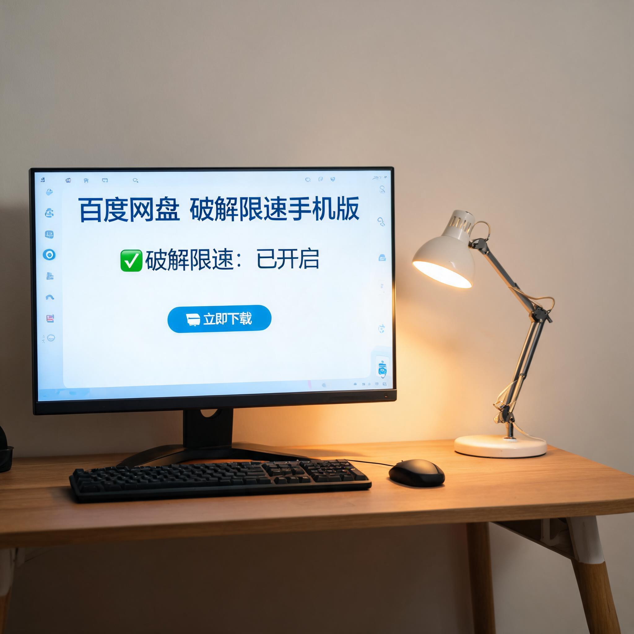 电脑桌上的电脑，屏幕显示百度网盘破解限速手机版界面，旁边放着台灯