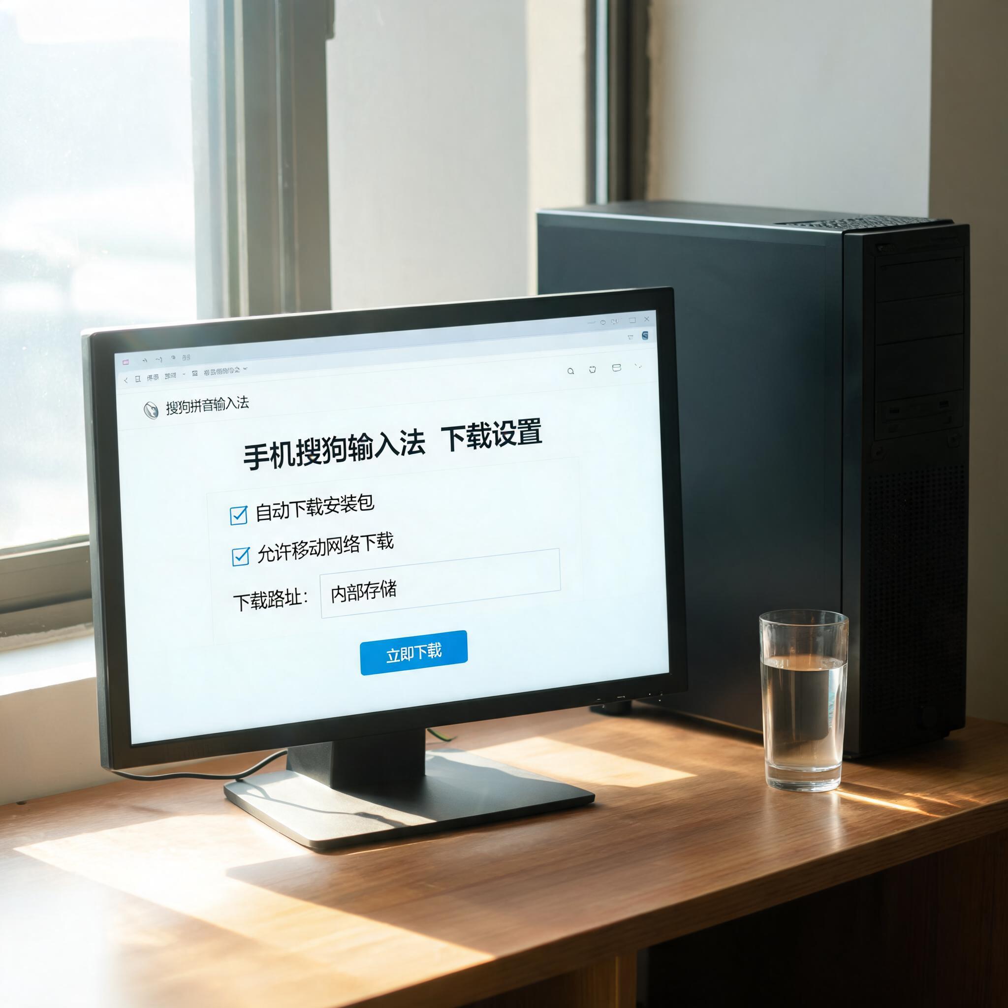 书桌上的主机，屏幕显示手机搜狗拼音输入法下载设置界面，桌角放着水杯，自然光