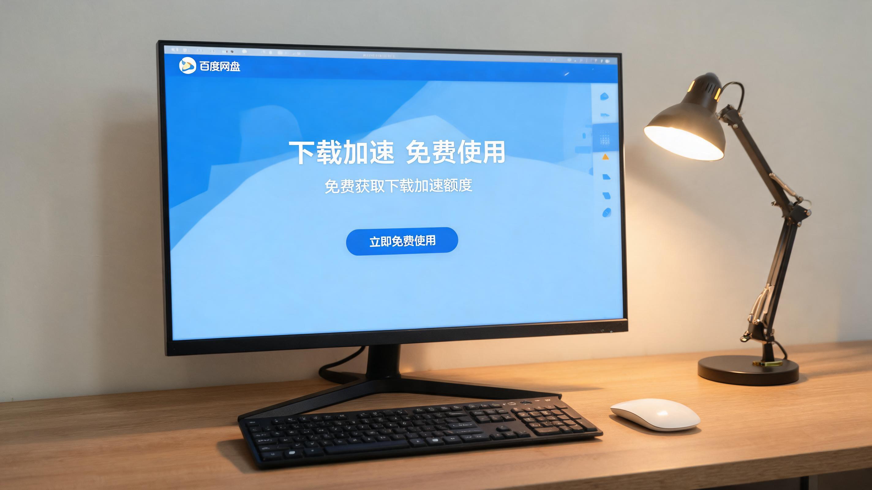 电脑桌上的电脑，屏幕显示百度网盘下载加速免费界面，旁边放着台灯