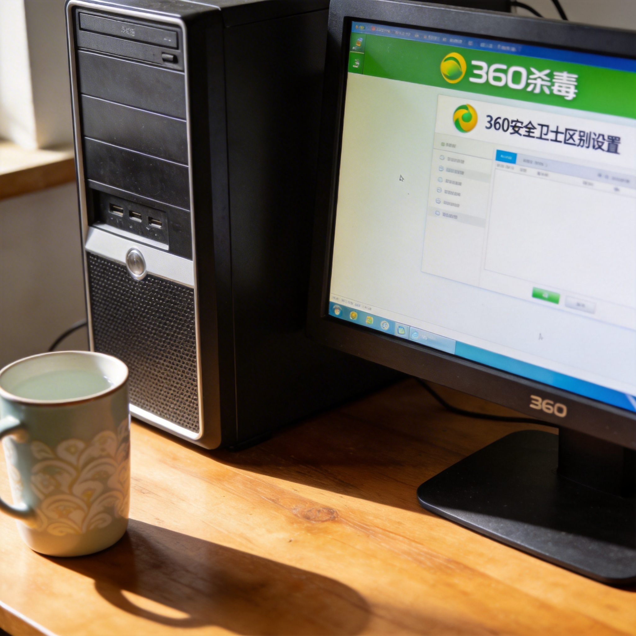 书桌上的主机，屏幕显示360 杀毒和 360 安全卫士区别设置界面，桌角放着水杯，自然光