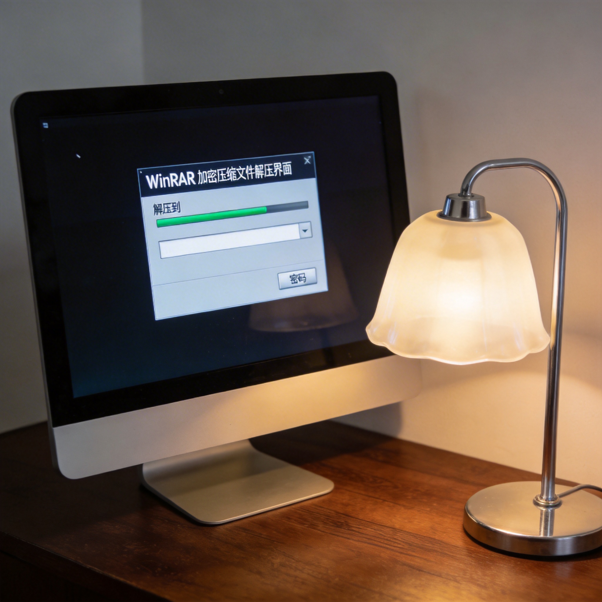 电脑桌上的电脑，屏幕显示winrar 加密压缩文件解压界面，旁边放着台灯