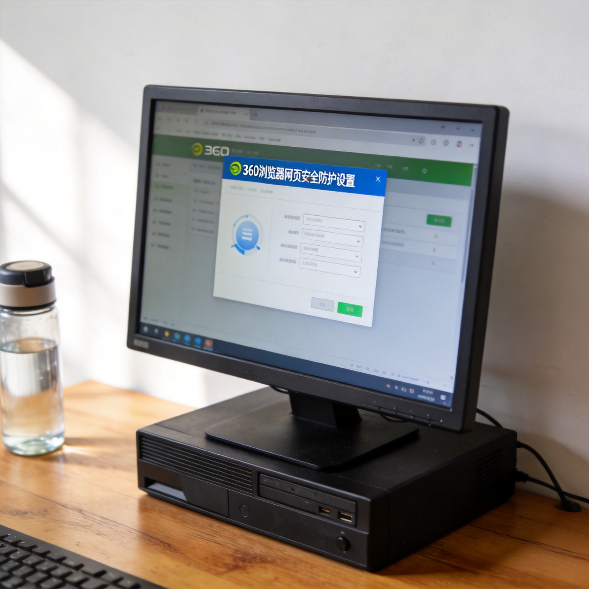 书桌上的主机，屏幕显示360 浏览器网页安全防护设置界面，桌角放着水杯，自然光