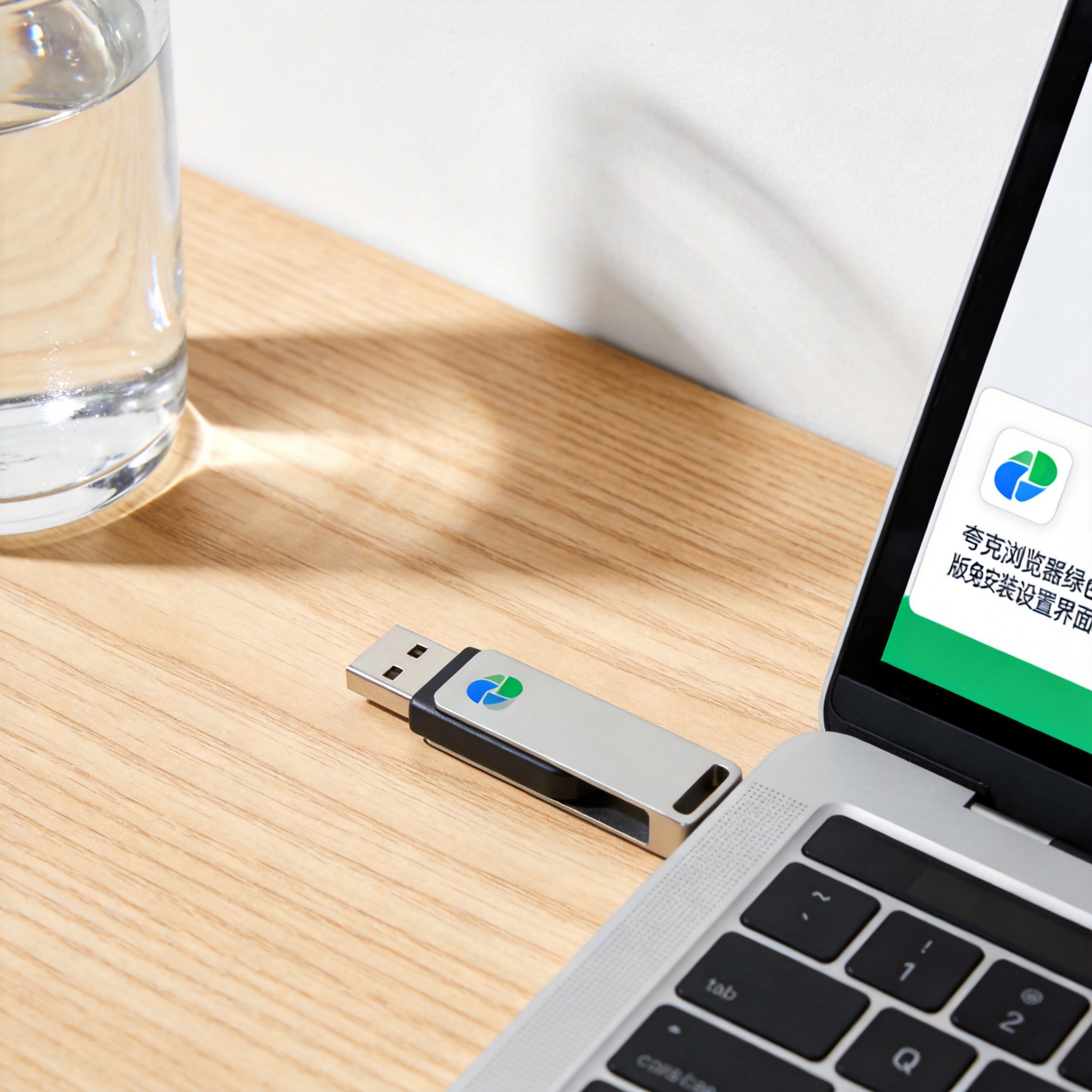 书桌上的U盘，屏幕显示夸克浏览器绿色版免安装设置界面，桌角放着水杯，自然光
