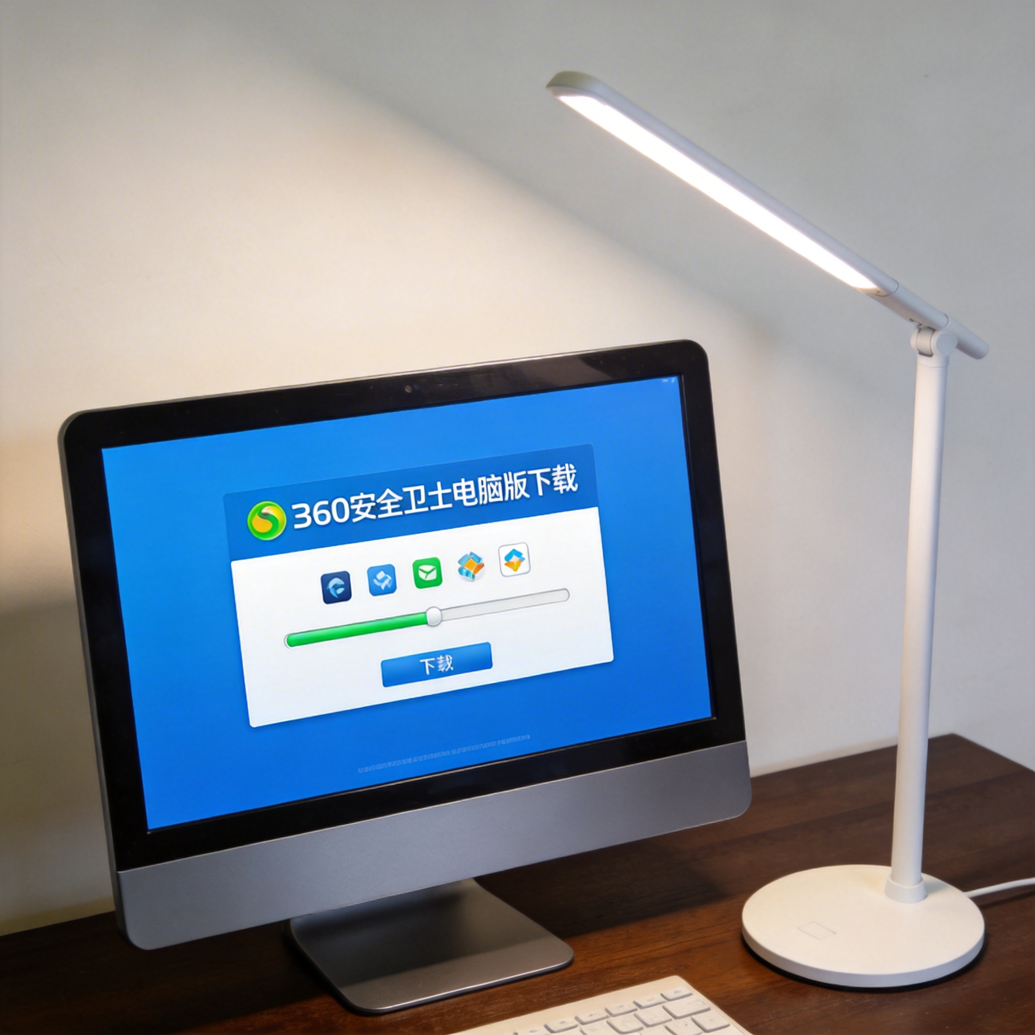 电脑桌上的电脑，屏幕显示360 安全卫士电脑版下载界面，旁边放着台灯