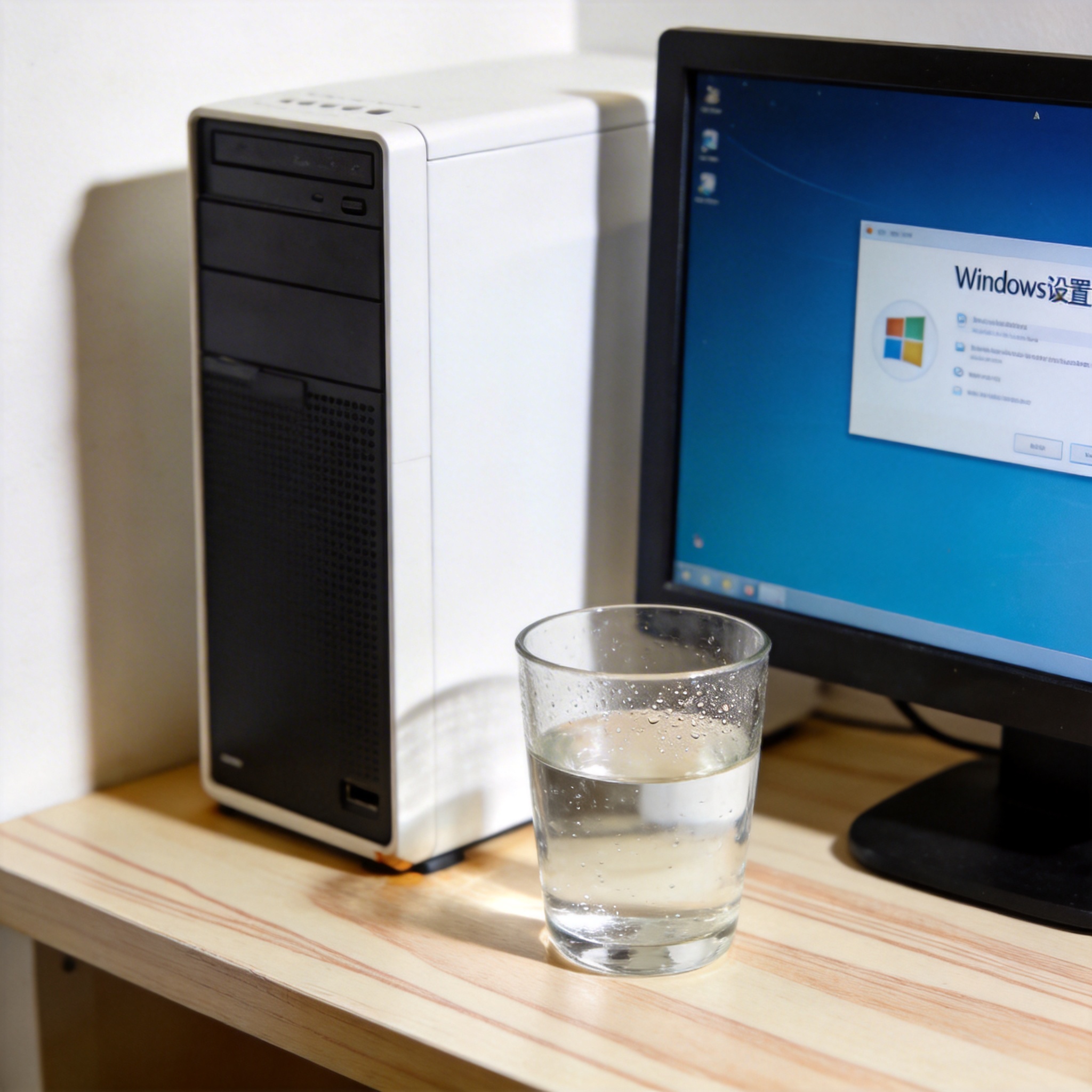 书桌上的主机，屏幕显示Windows设置界面，桌角放着水杯，自然光