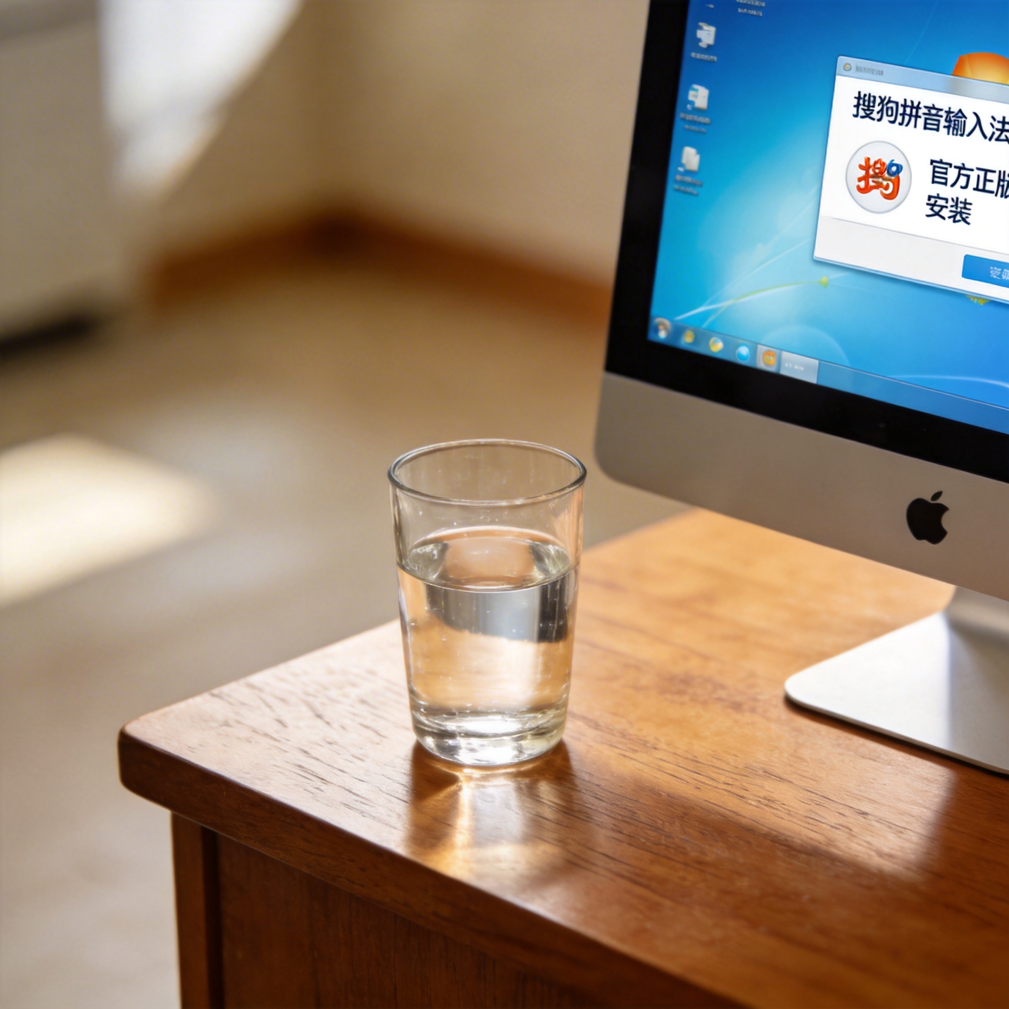 电脑桌的Windows系统电脑，屏幕显示搜狗拼音官方正版安装界面，桌面边角放着水杯，室内自然光