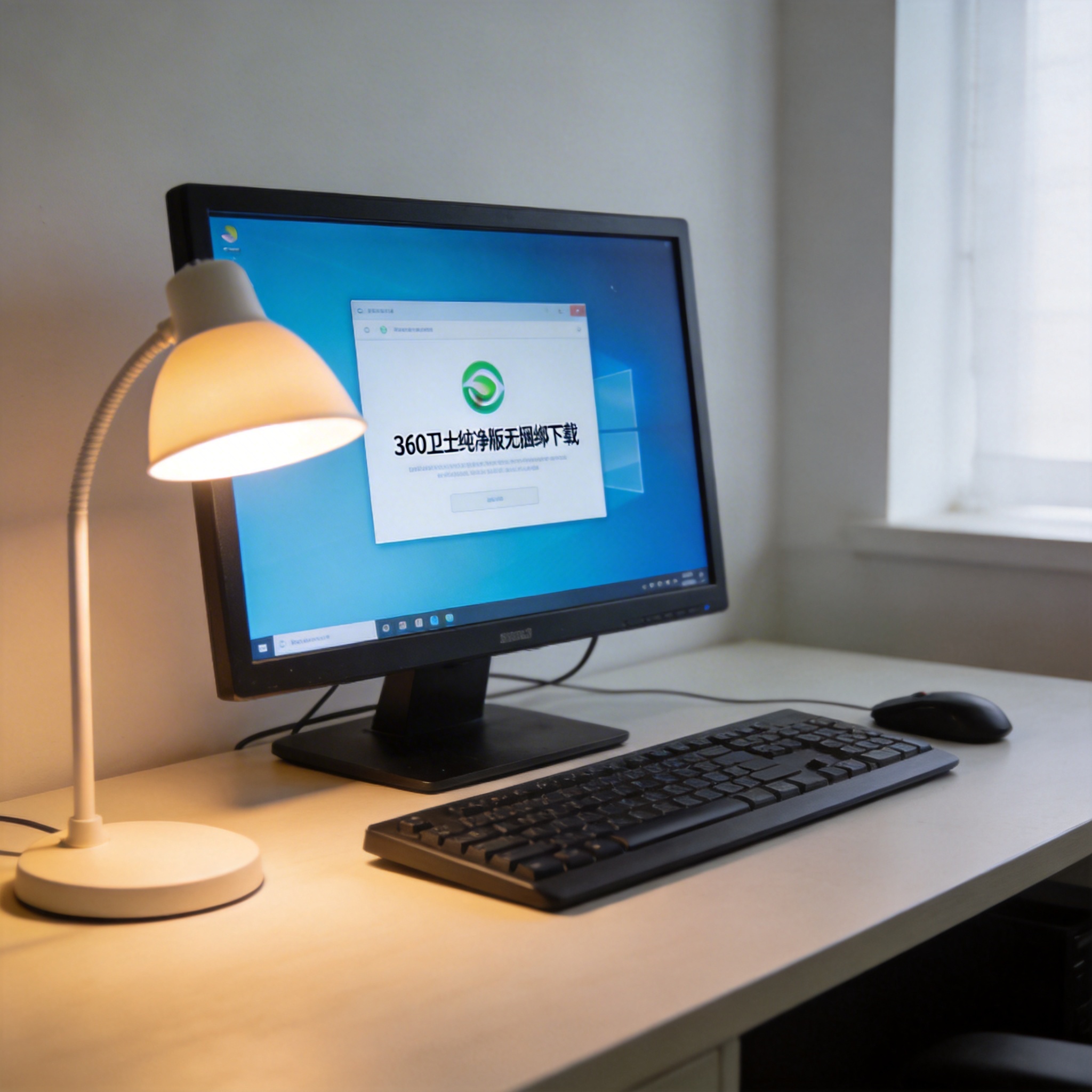 电脑桌上的电脑，屏幕显示360 卫士纯净版无捆绑下载界面，旁边放着台灯