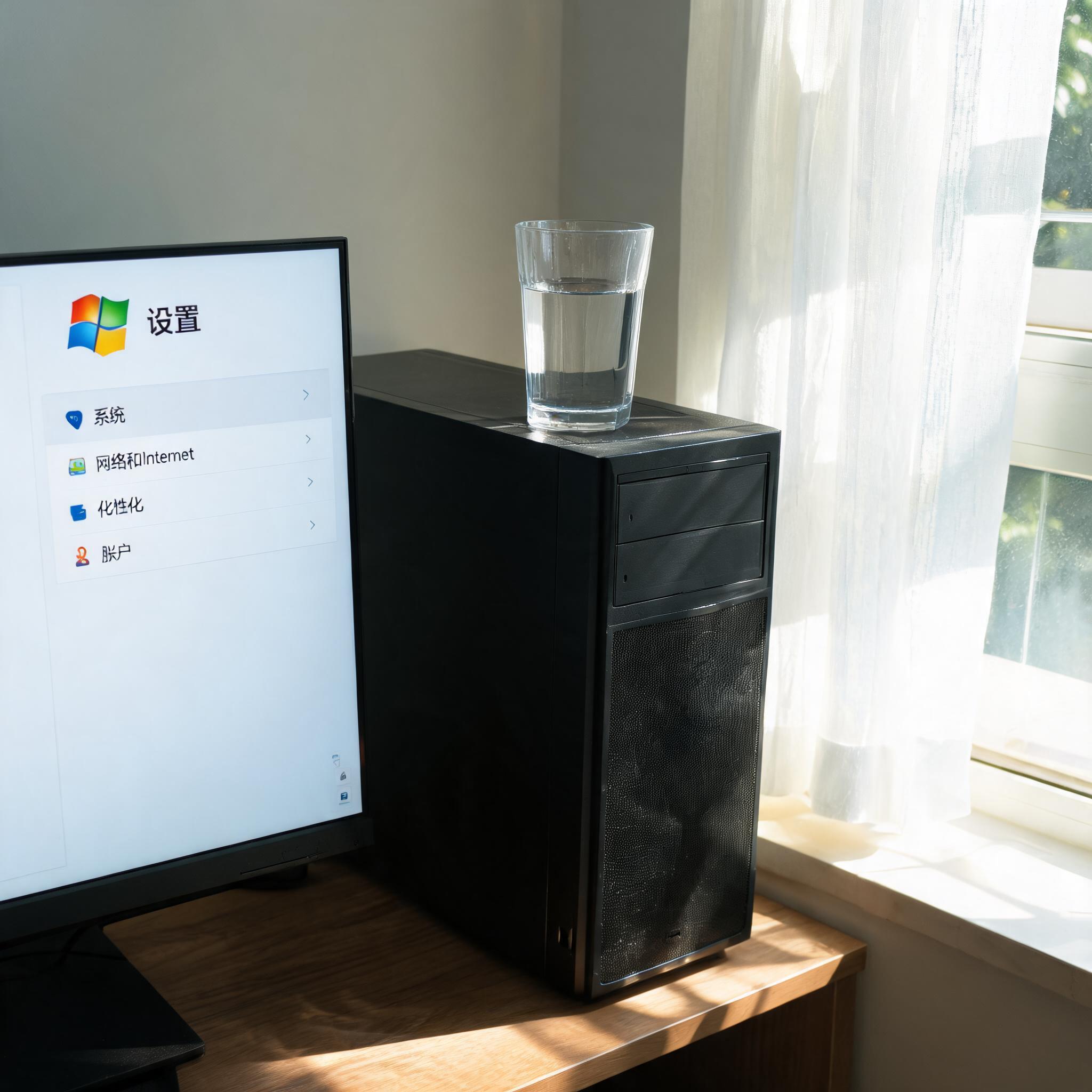书桌上的主机，屏幕显示Windows设置界面，桌角放着水杯，自然光