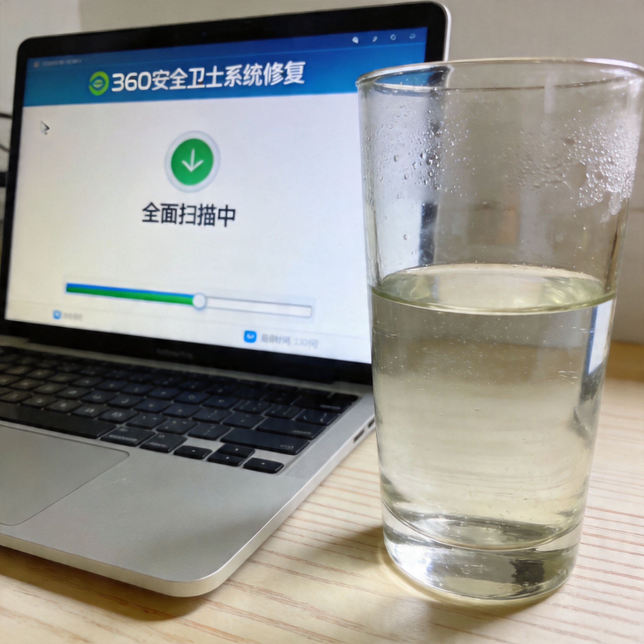 电脑桌的电脑屏幕显示360安全卫士系统修复界面，正处于全面扫描状态，旁边放着半杯凉白开，室内自然光