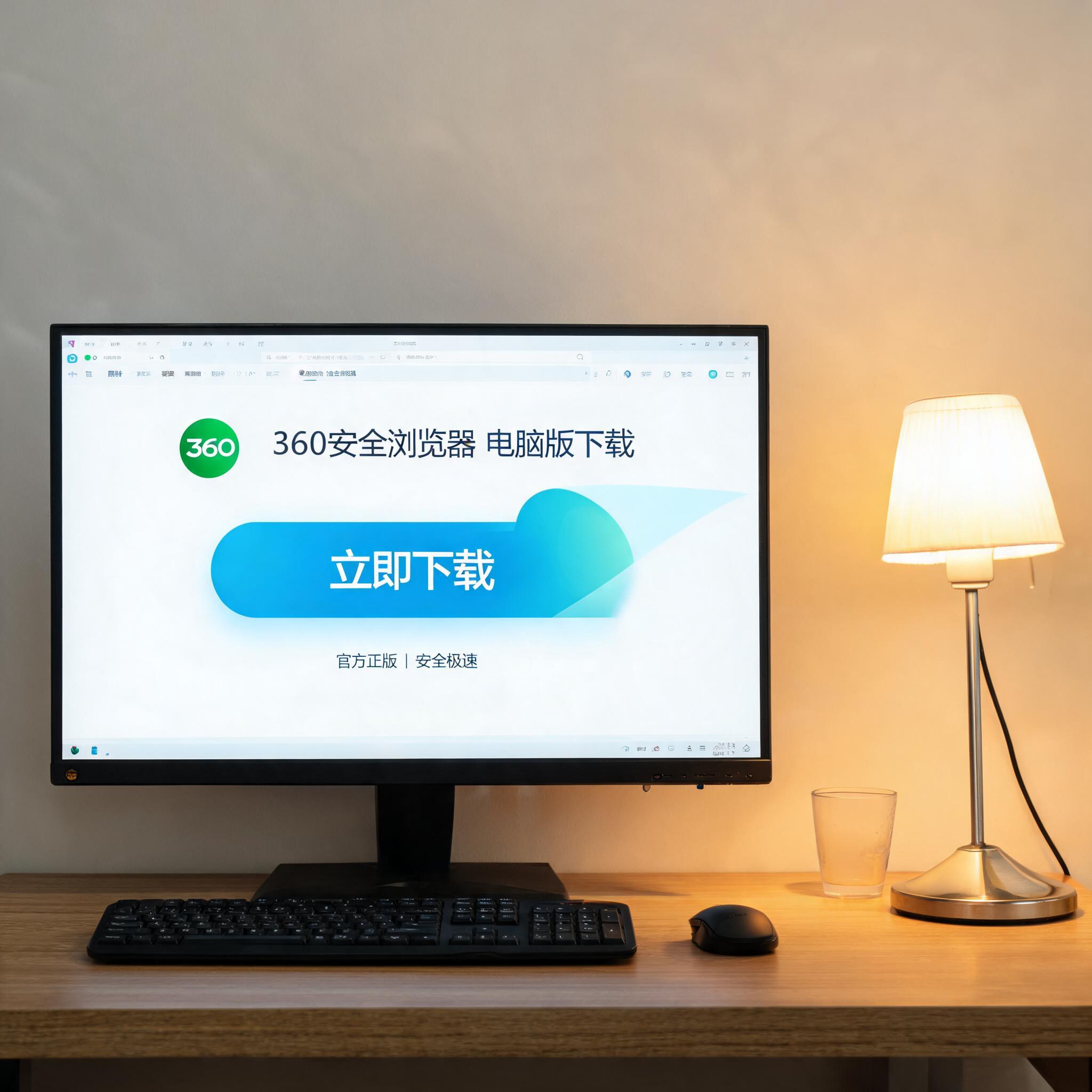电脑桌上的电脑，屏幕显示360 安全浏览器电脑版下载界面，旁边放着台灯