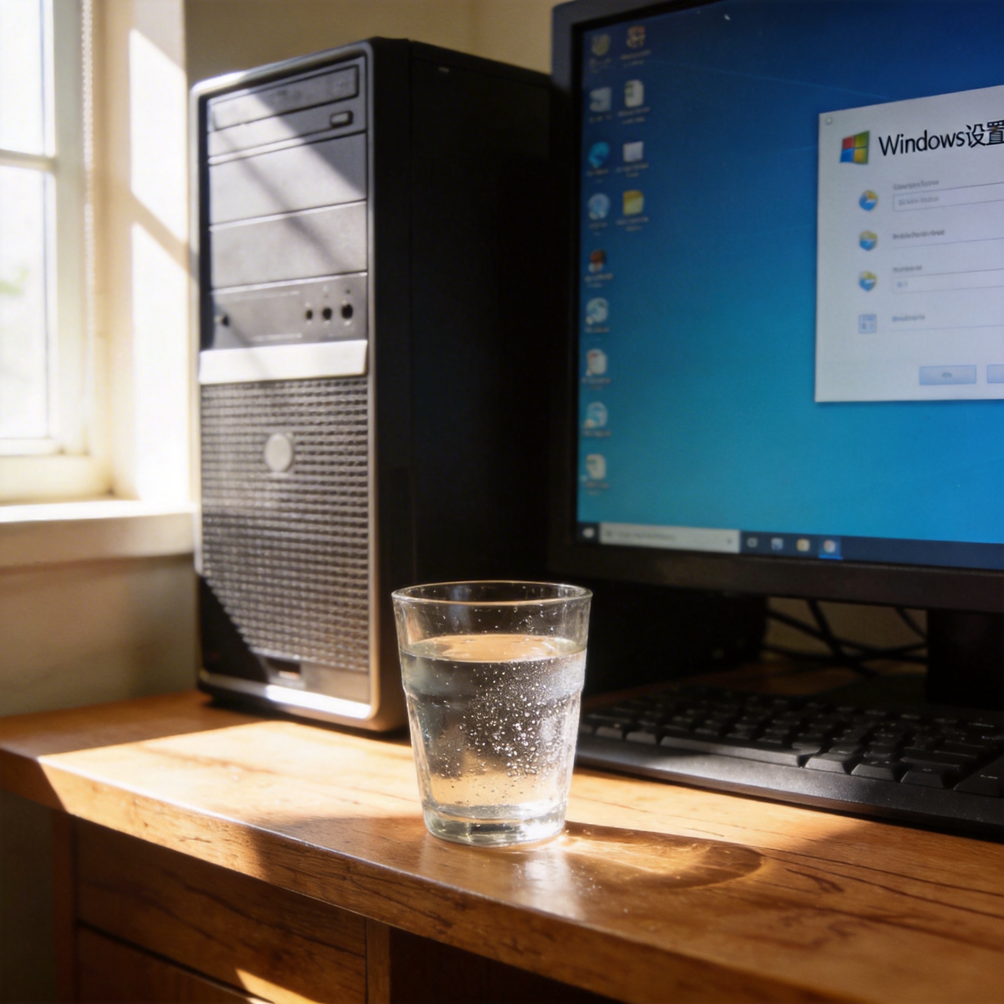 书桌上的主机，屏幕显示Windows设置界面，桌角放着水杯，自然光