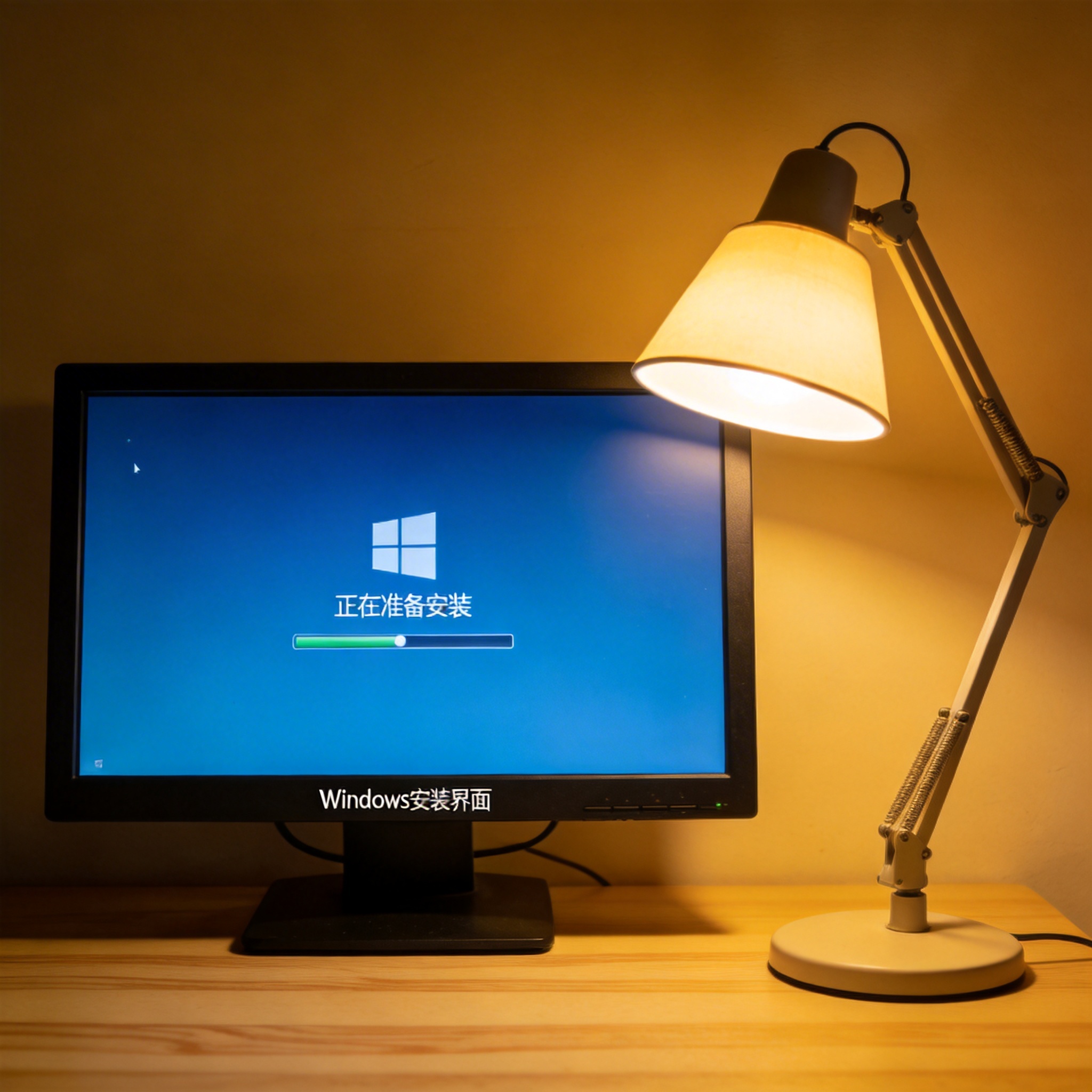 电脑桌上的电脑，屏幕显示Windows安装界面，旁边放着台灯