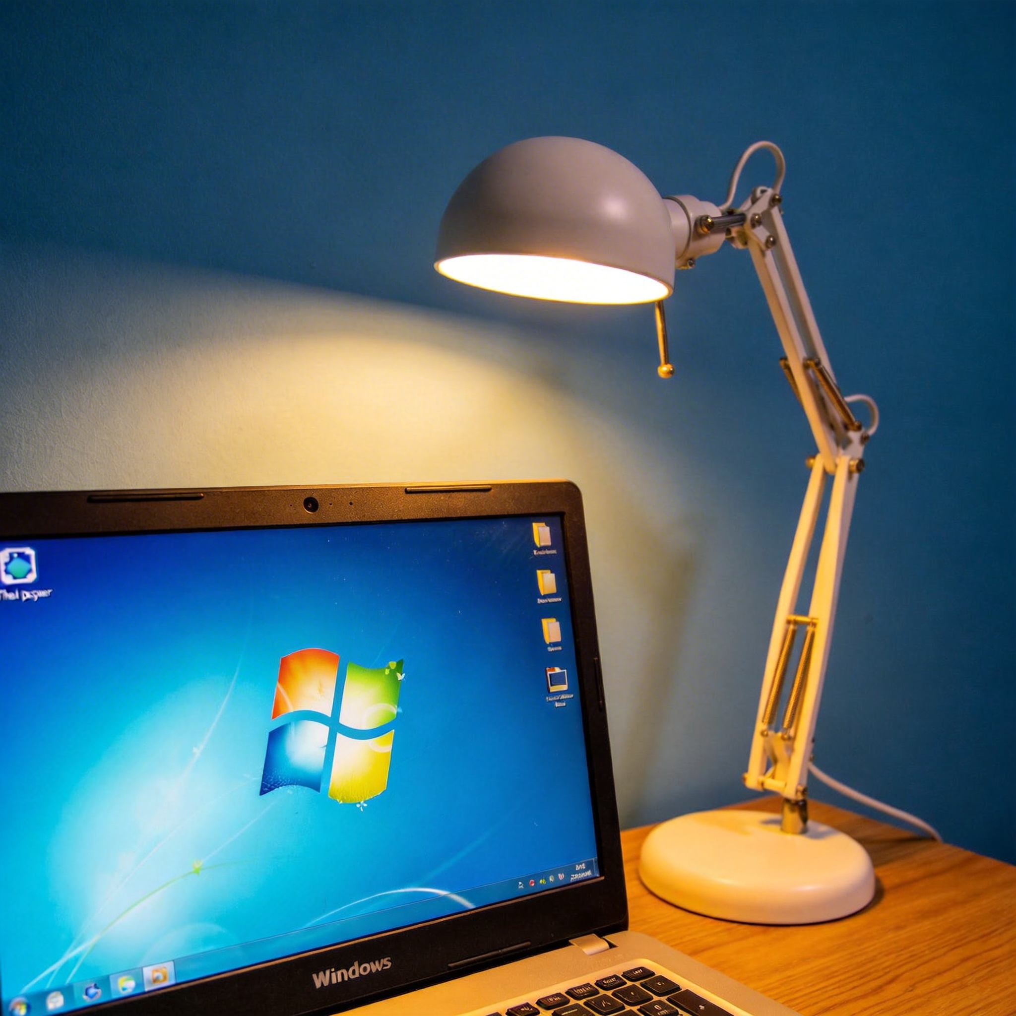 电脑桌上的电脑，屏幕显示Windows桌面，旁边放着台灯