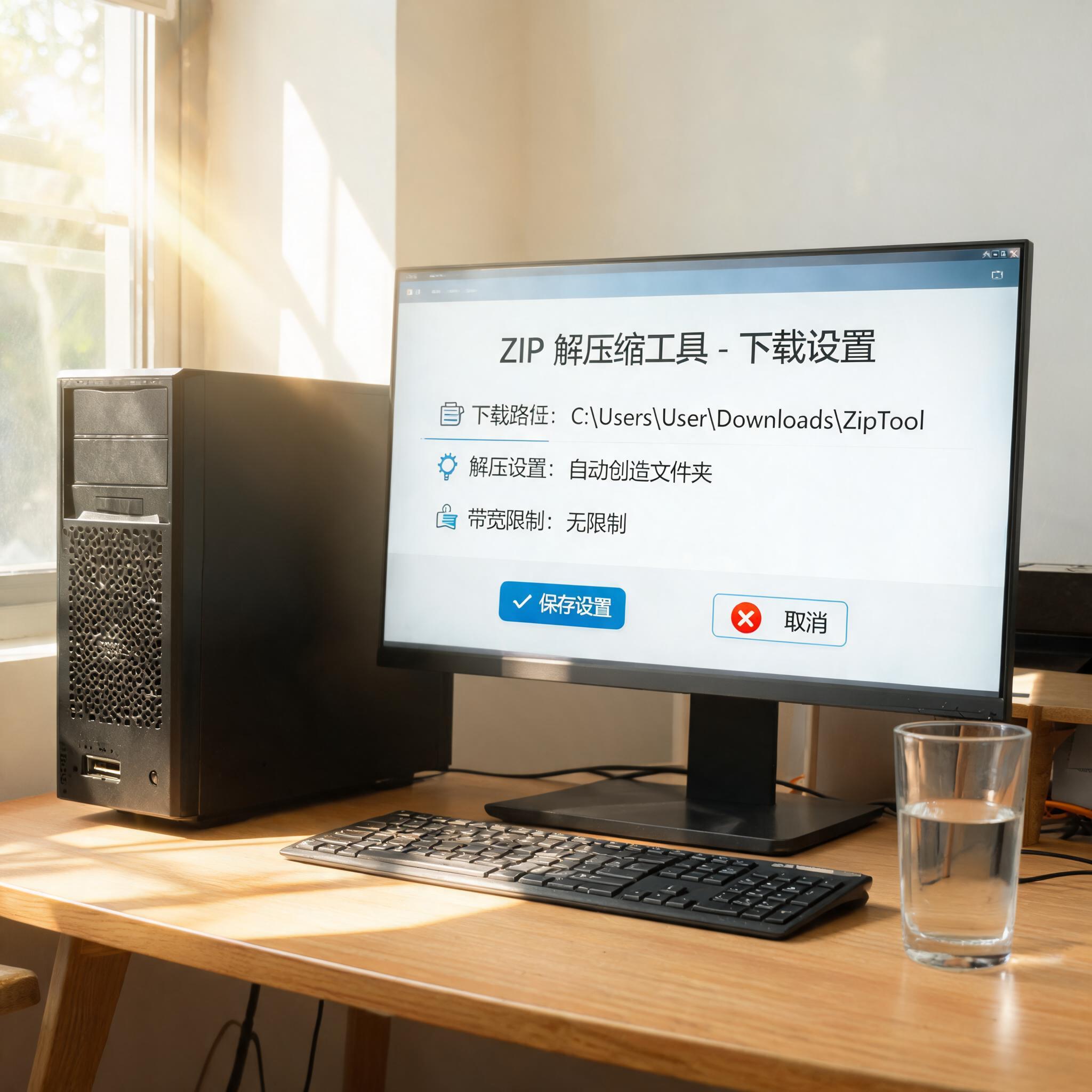 书桌上的主机，屏幕显示zip 解压缩工具下载设置界面，桌角放着水杯，自然光
