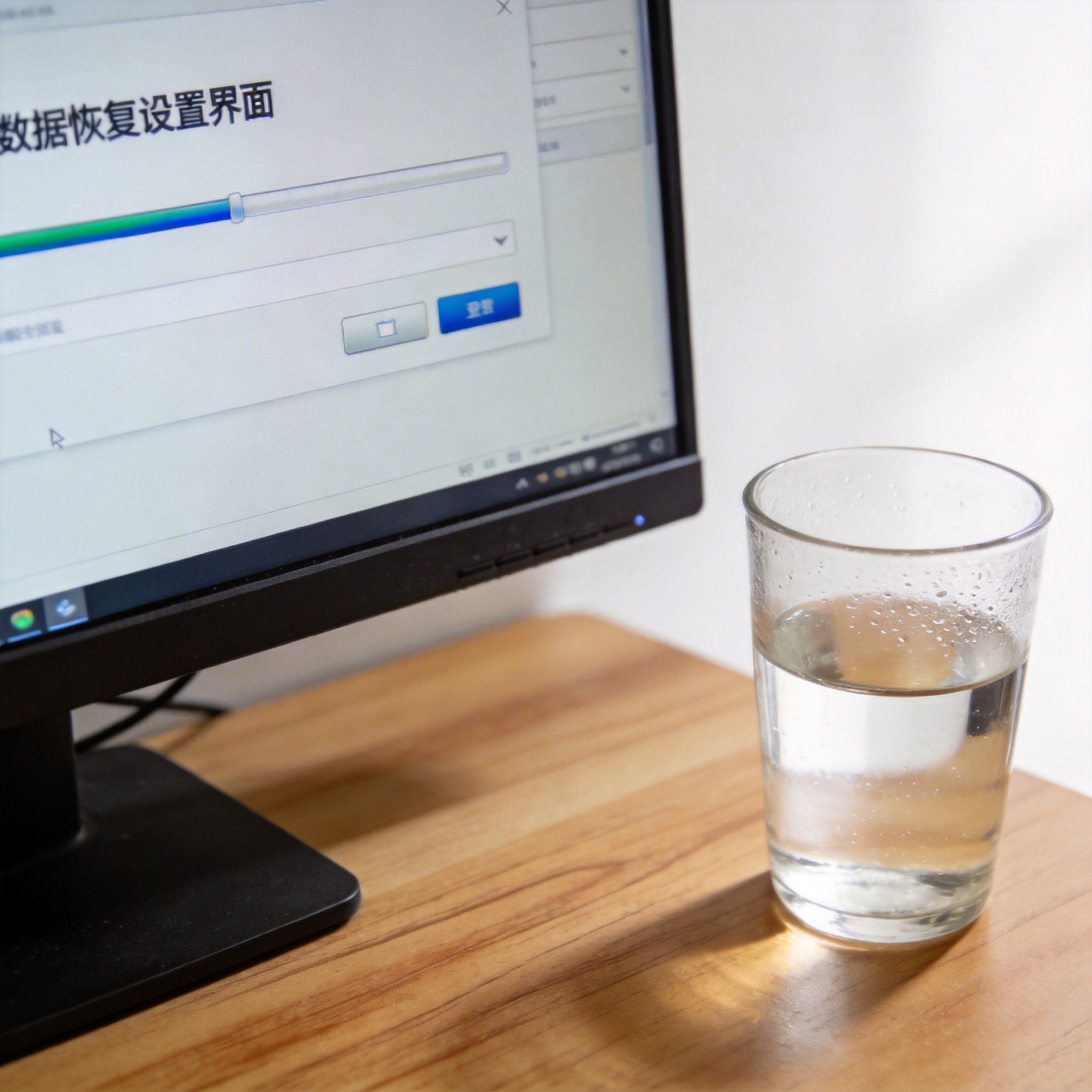 书桌上的主机，屏幕显示数据恢复设置界面，桌角放着水杯，自然光
