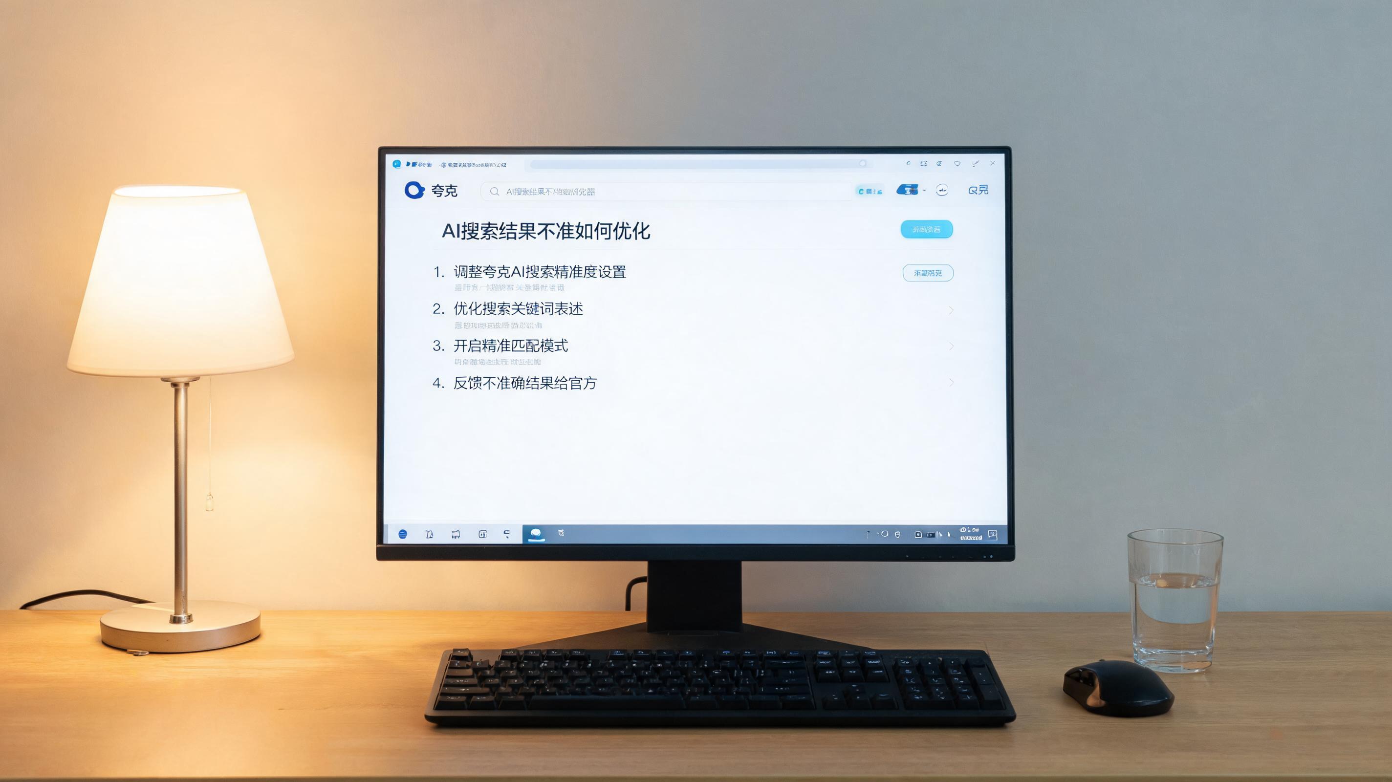 电脑桌上的电脑，屏幕显示夸克浏览器 AI 搜索结果不准如何优化界面，旁边放着台灯