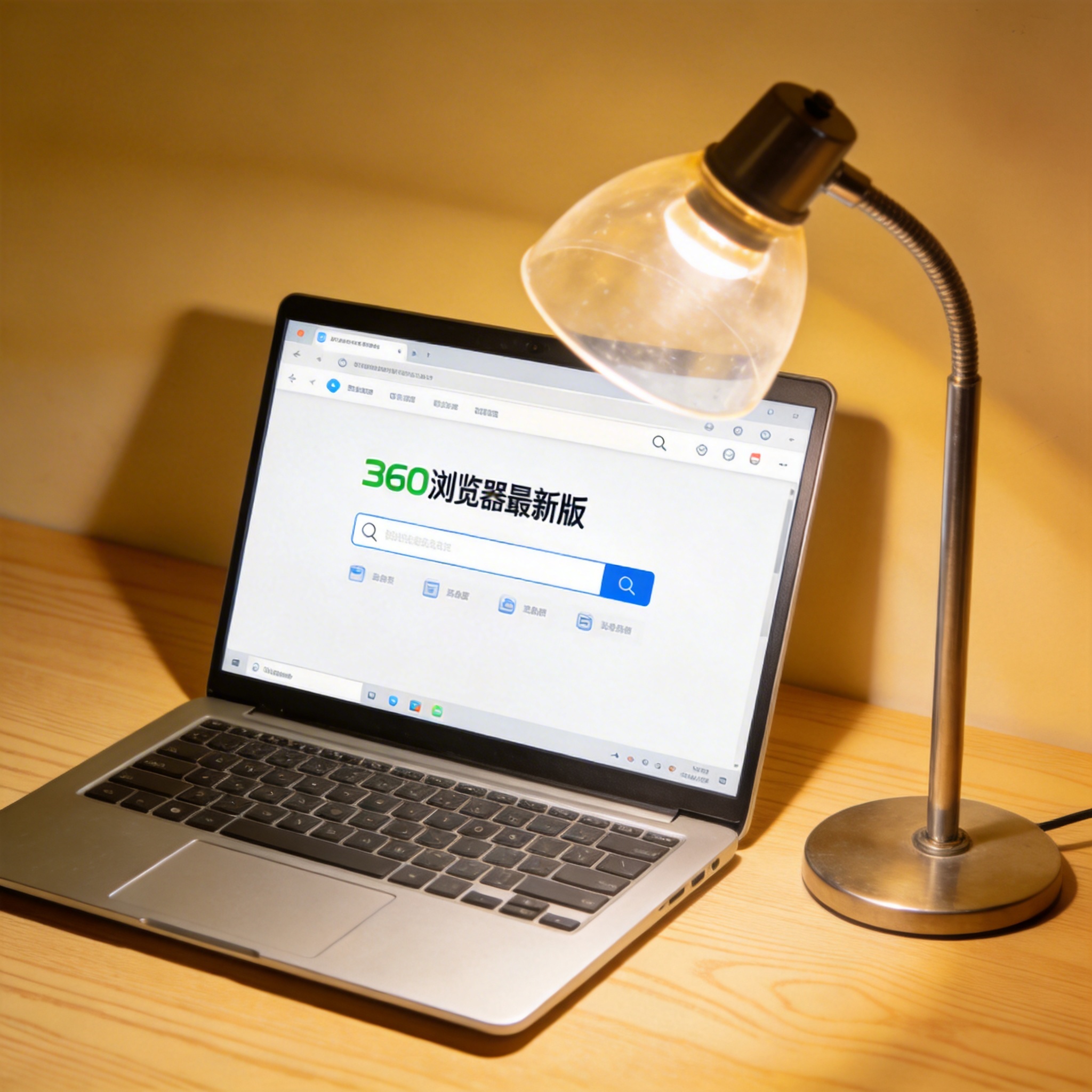 电脑桌上的电脑，屏幕显示360 浏览器最新版界面，旁边放着台灯