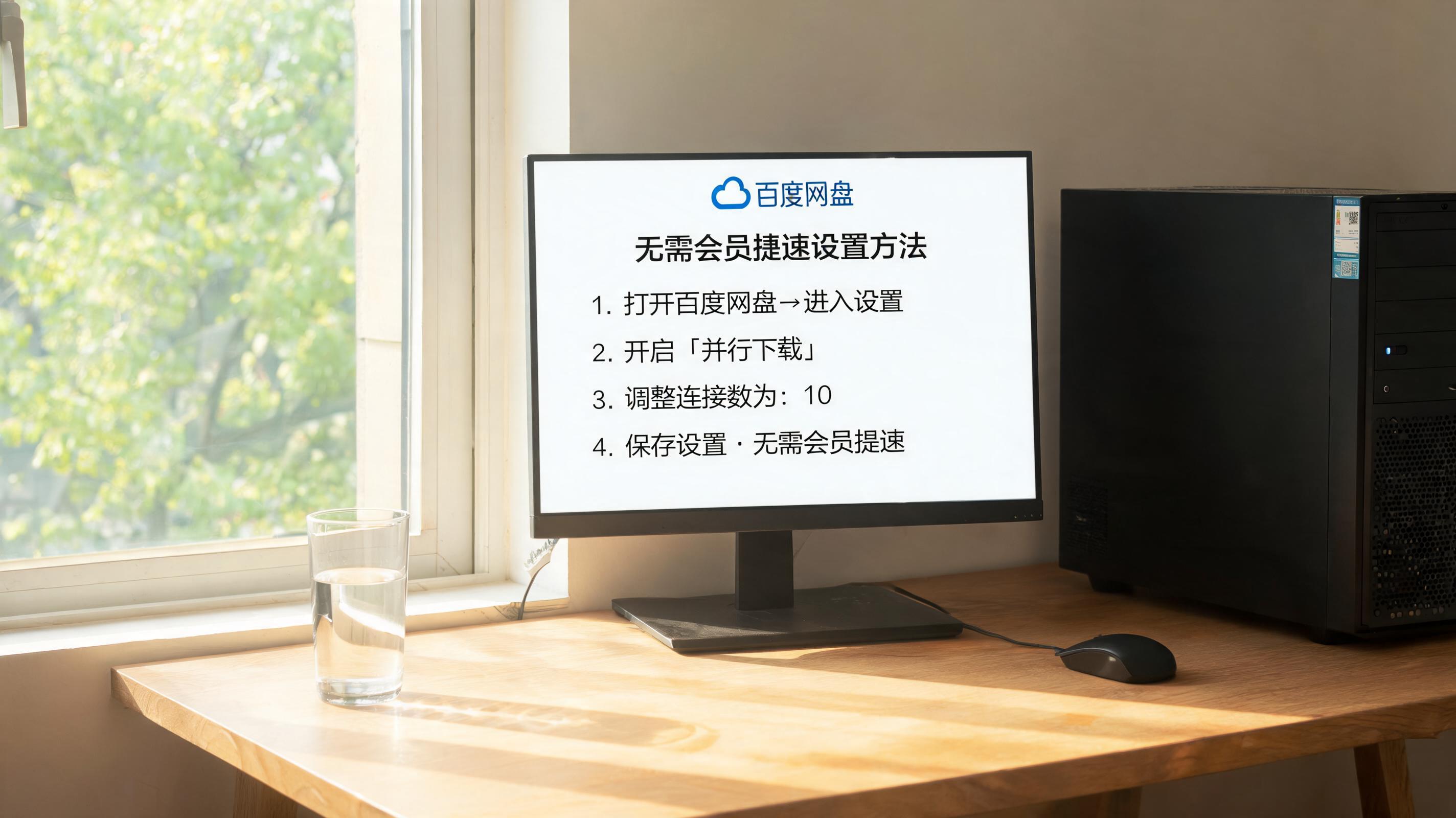 书桌上的主机，屏幕显示百度网盘提速方法无需会员设置界面，桌角放着水杯，自然光