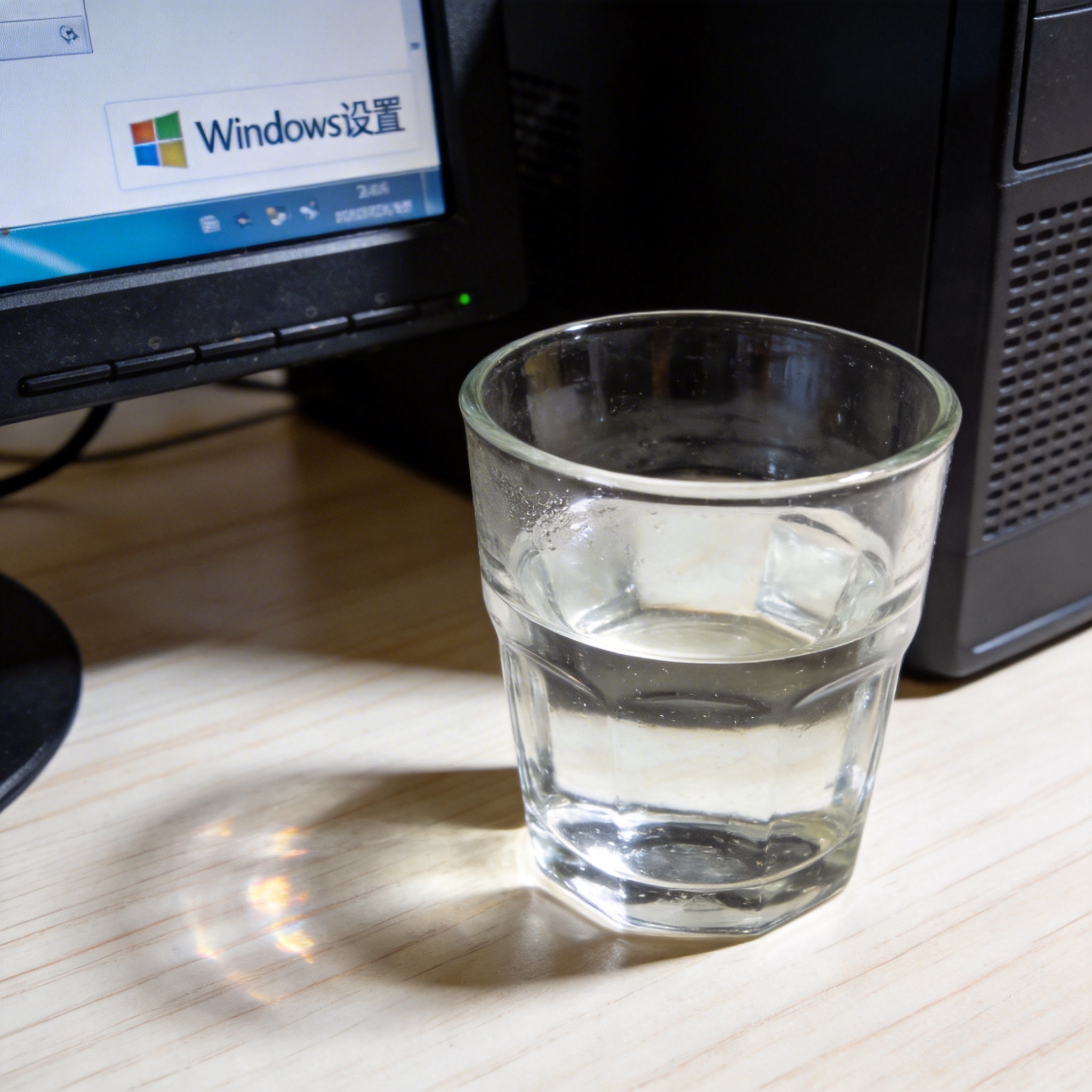 书桌上的主机，屏幕显示Windows设置界面，桌角放着水杯，自然光