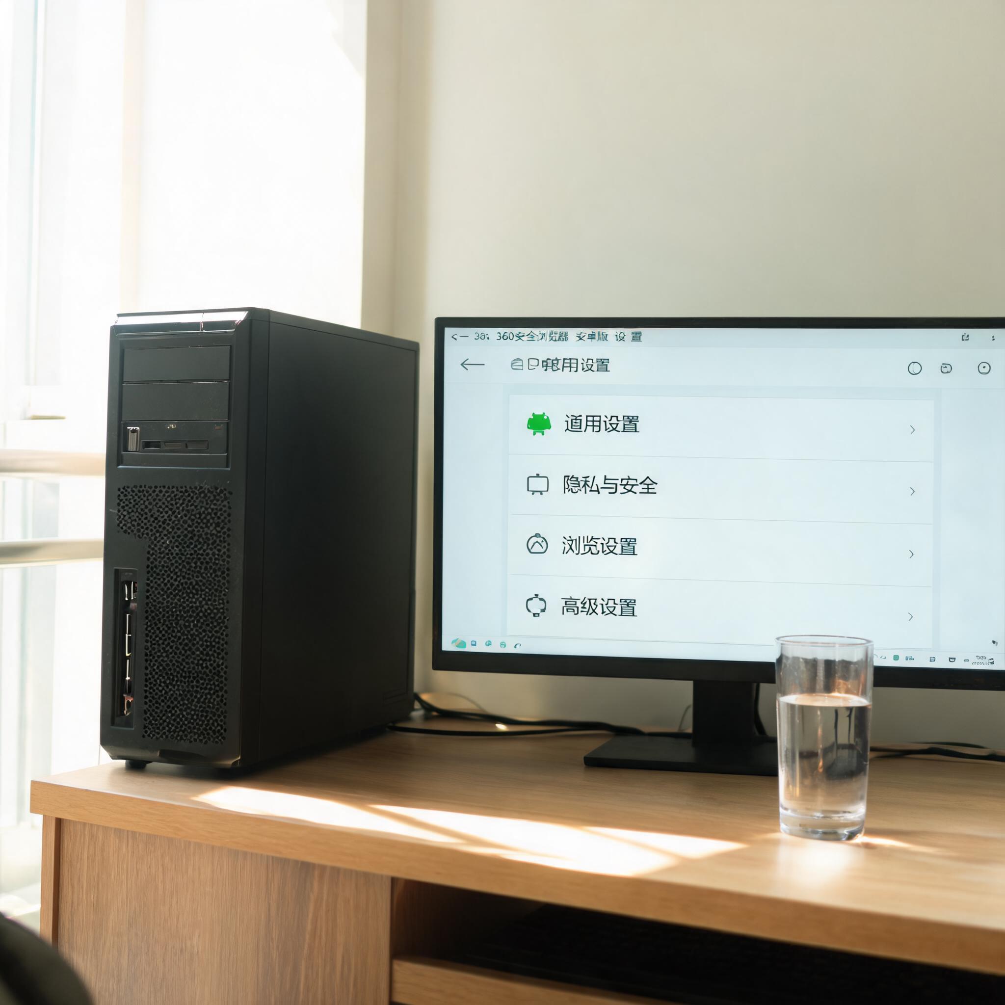 书桌上的主机，屏幕显示360 安全浏览器安卓版设置界面，桌角放着水杯，自然光