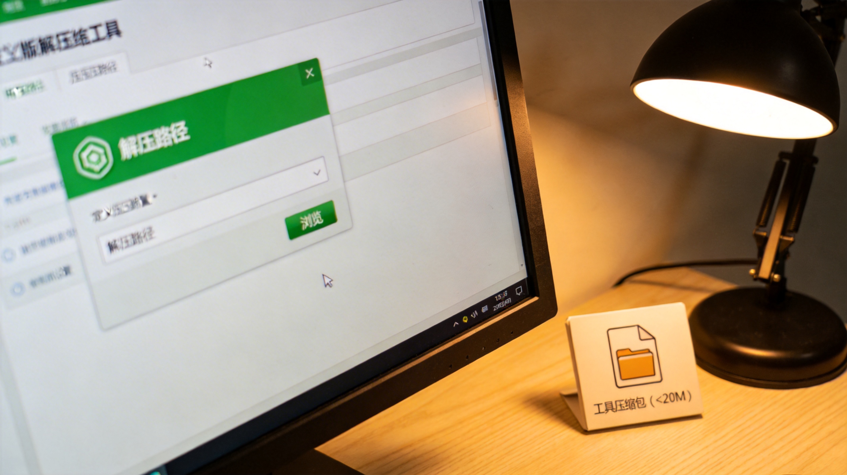 电脑屏幕显示绿色版解压缩工具的自定义解压路径设置界面，旁边的桌面放着不到20M的工具压缩包，台灯暖光