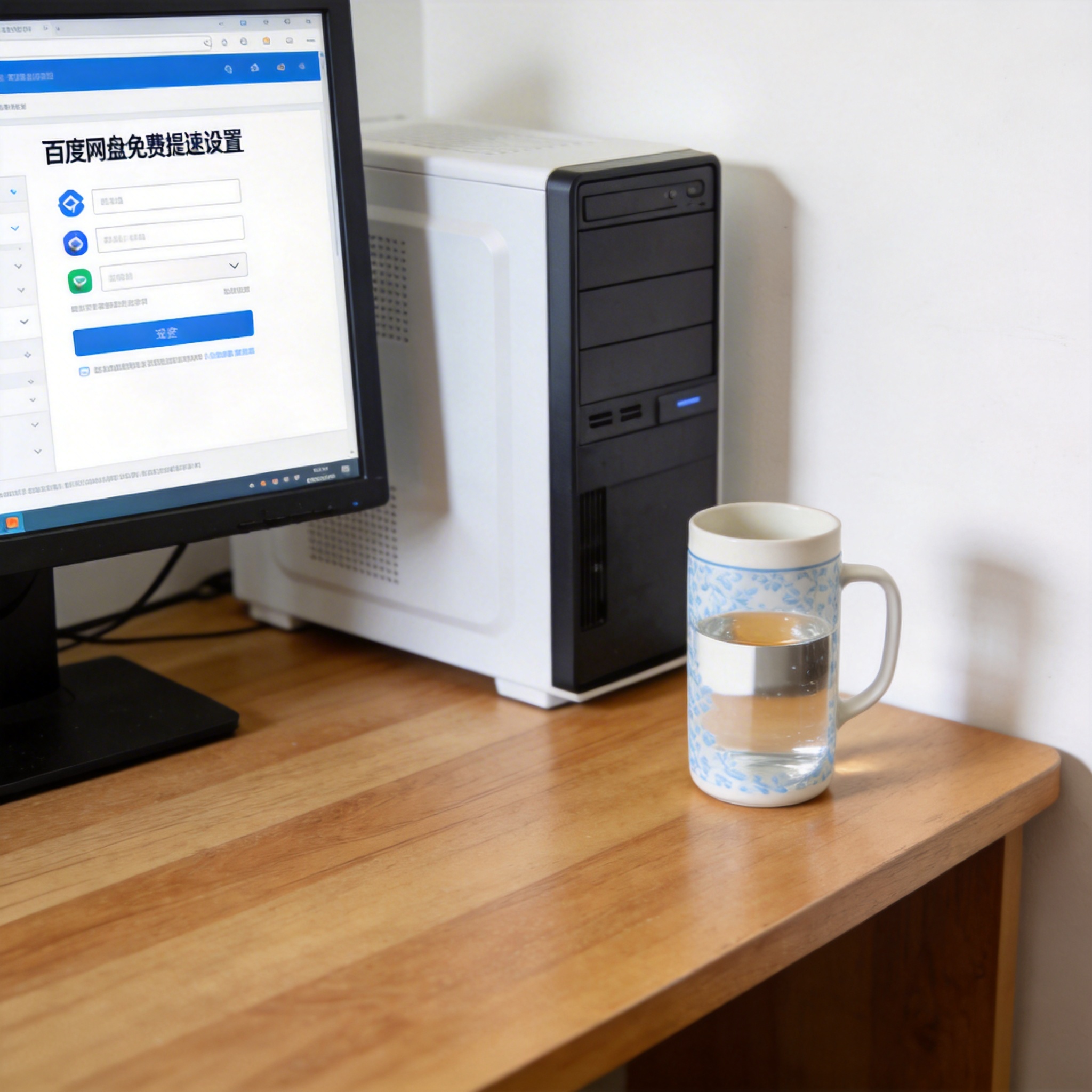 书桌上的主机，屏幕显示百度网盘免费提速设置设置界面，桌角放着水杯，自然光
