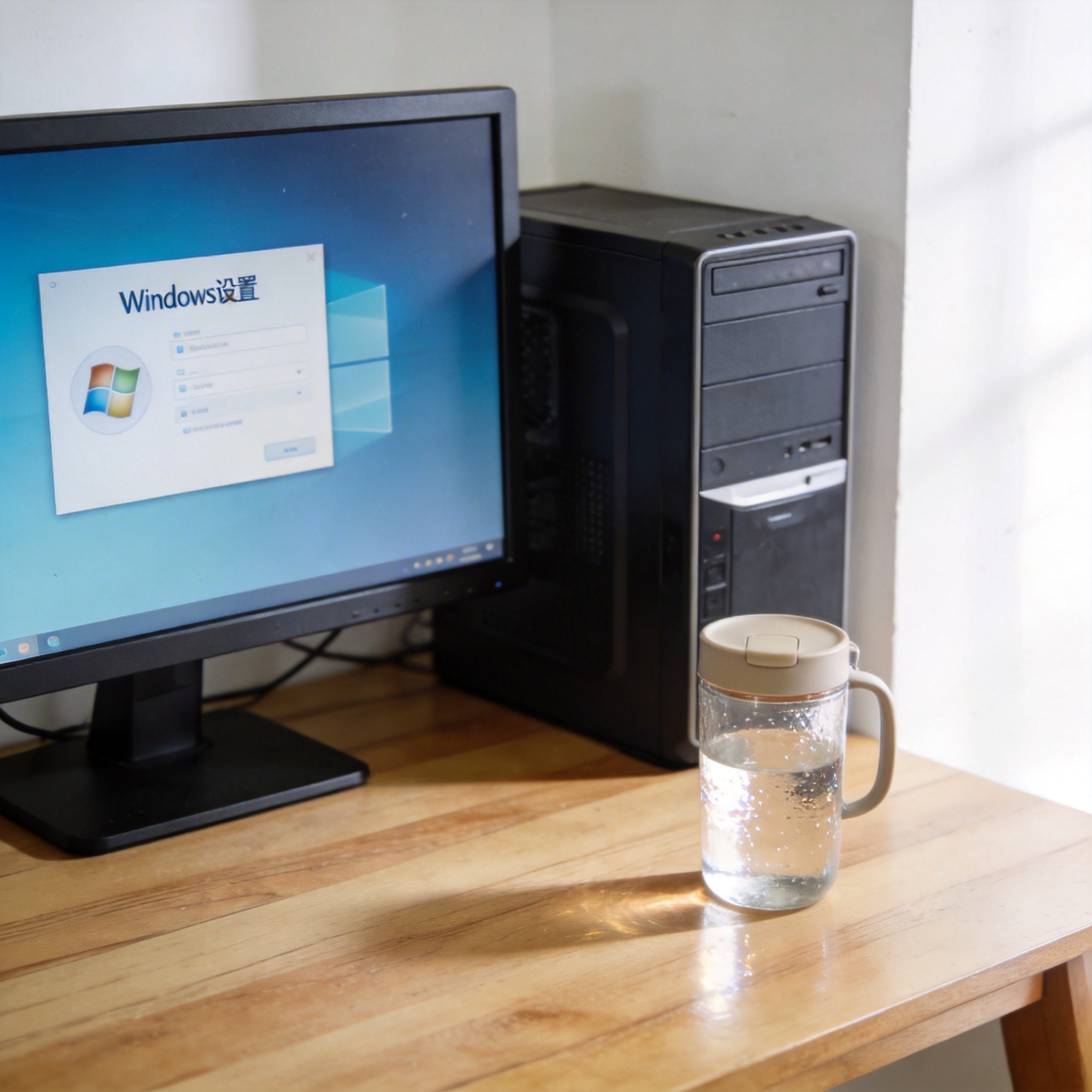 书桌上的主机，屏幕显示Windows设置界面，桌角放着水杯，自然光