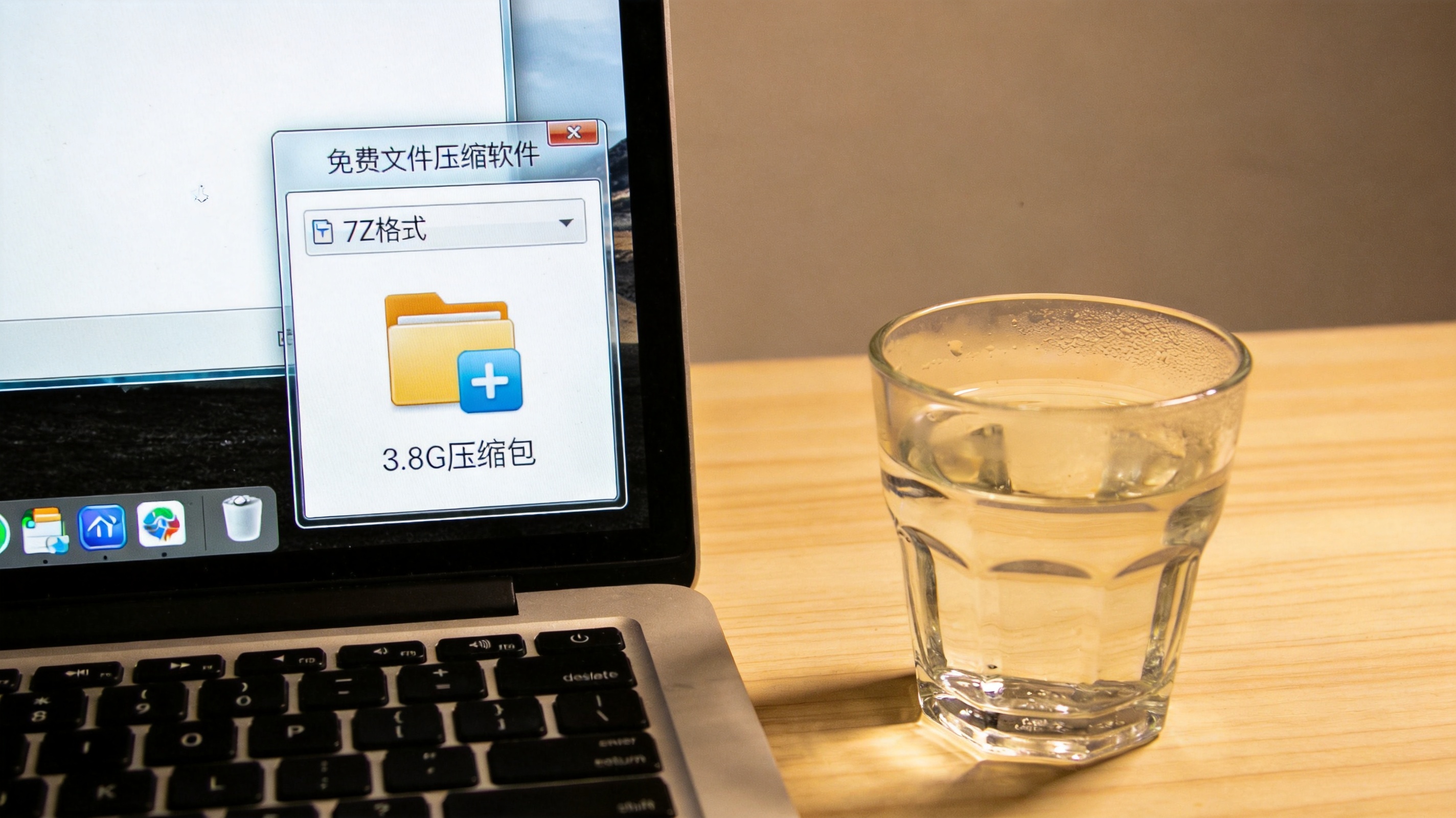 电脑屏幕显示免费文件压缩软件官方界面，界面上显示7Z格式选项，压缩完成的3.8G压缩包图标在桌面，旁边摆着半杯温水