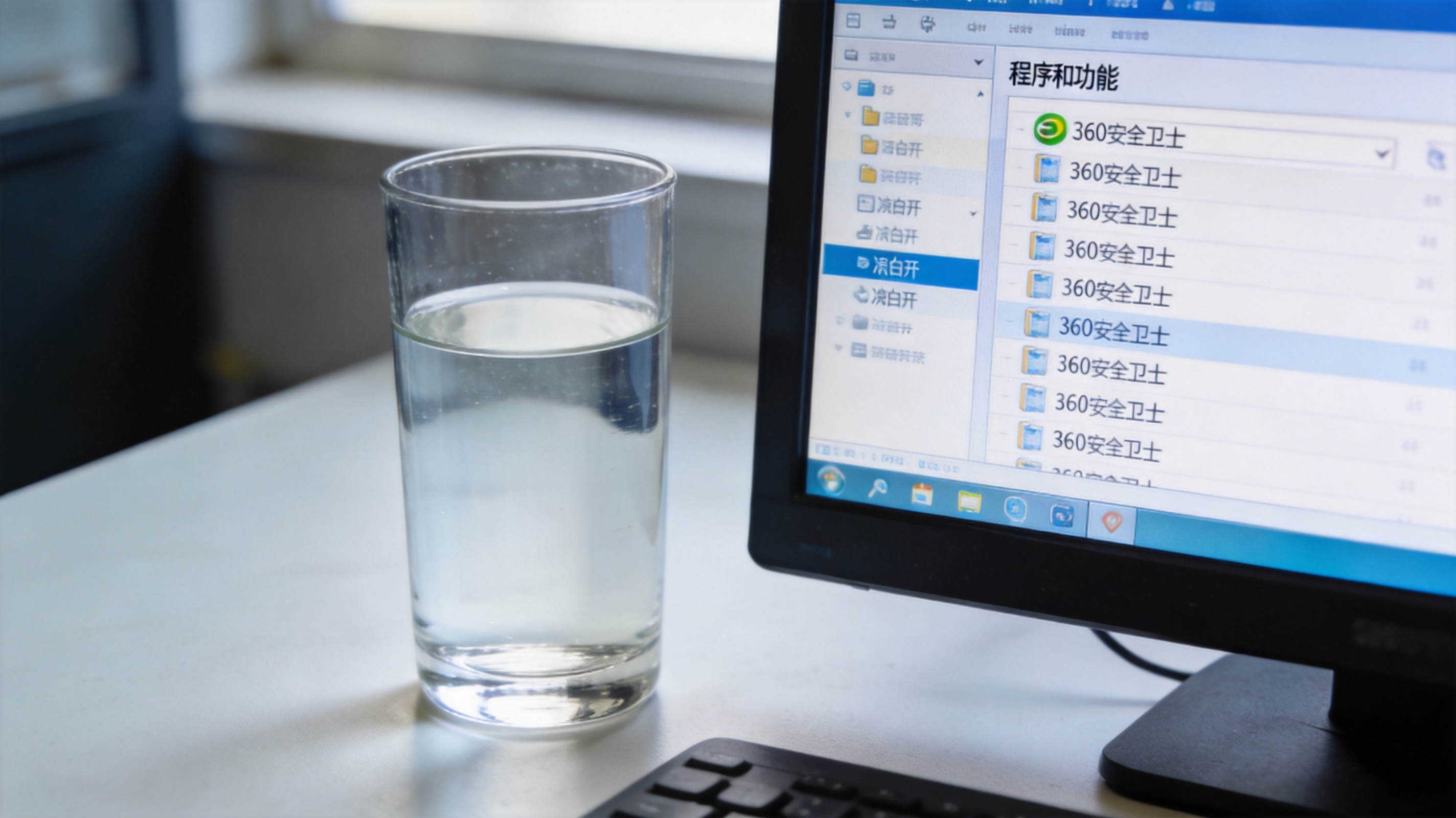 电脑桌面，屏幕显示Windows控制面板的程序和功能界面，列表里标着360安全卫士，旁边放着半杯凉白开，室内自然光