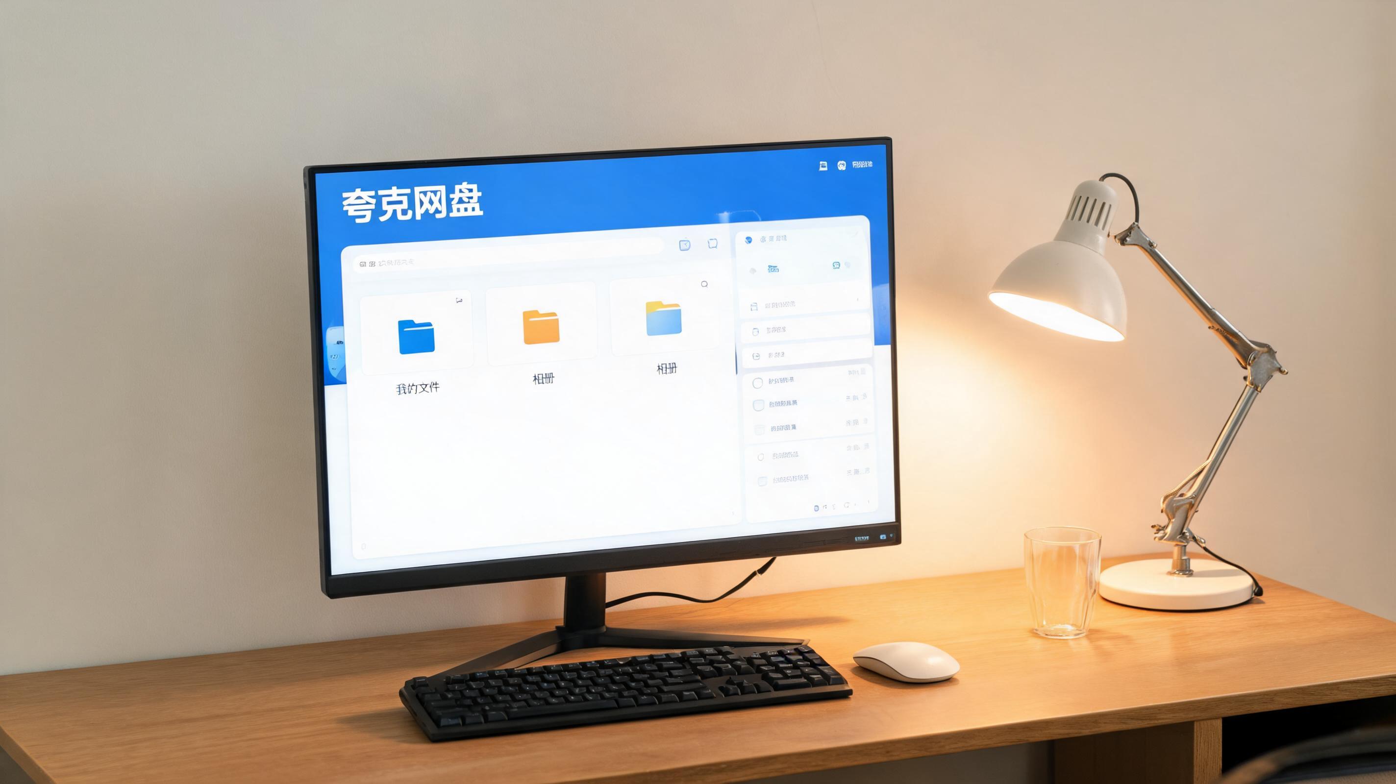 电脑桌上的电脑，屏幕显示夸克网盘桌面，旁边放着台灯