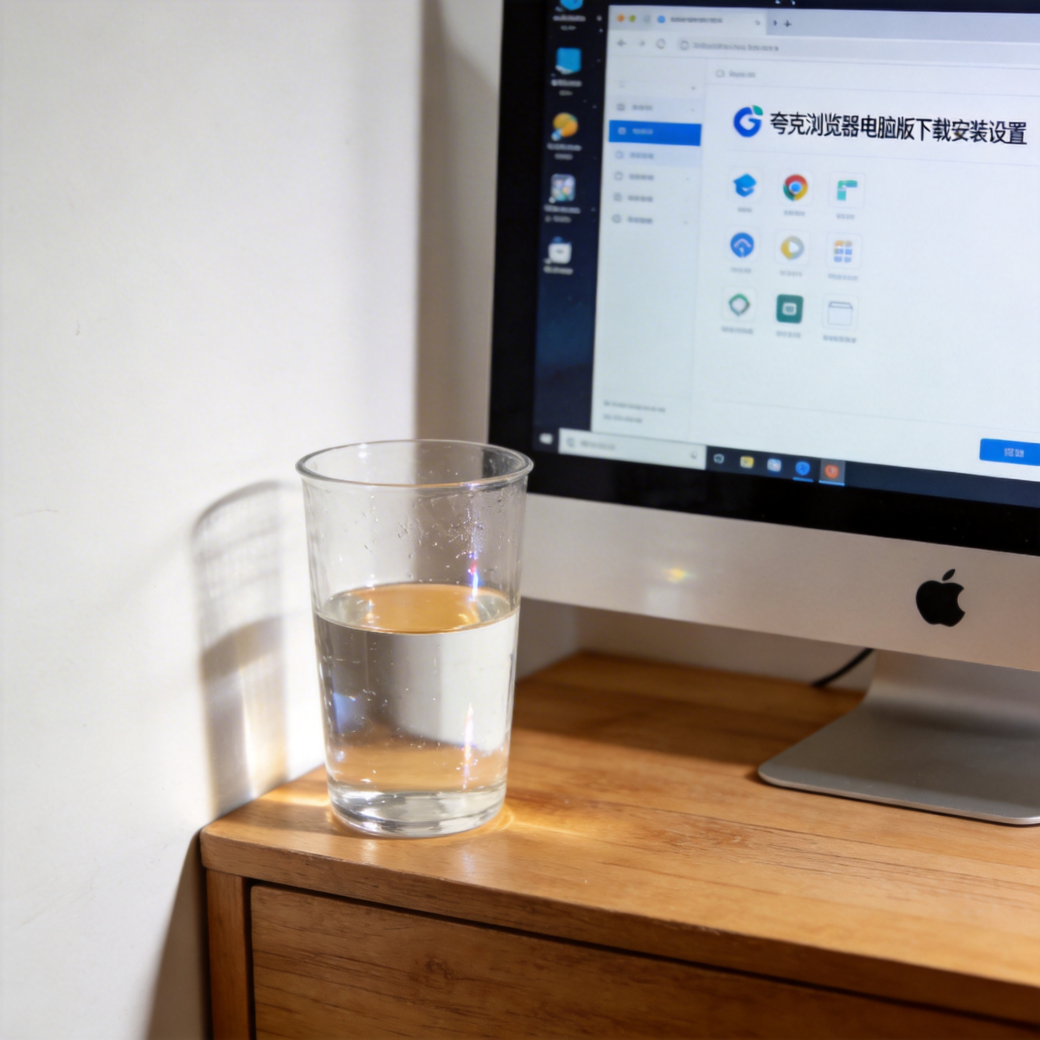 书桌上的主机，屏幕显示夸克浏览器电脑版下载安装设置界面，桌角放着水杯，自然光