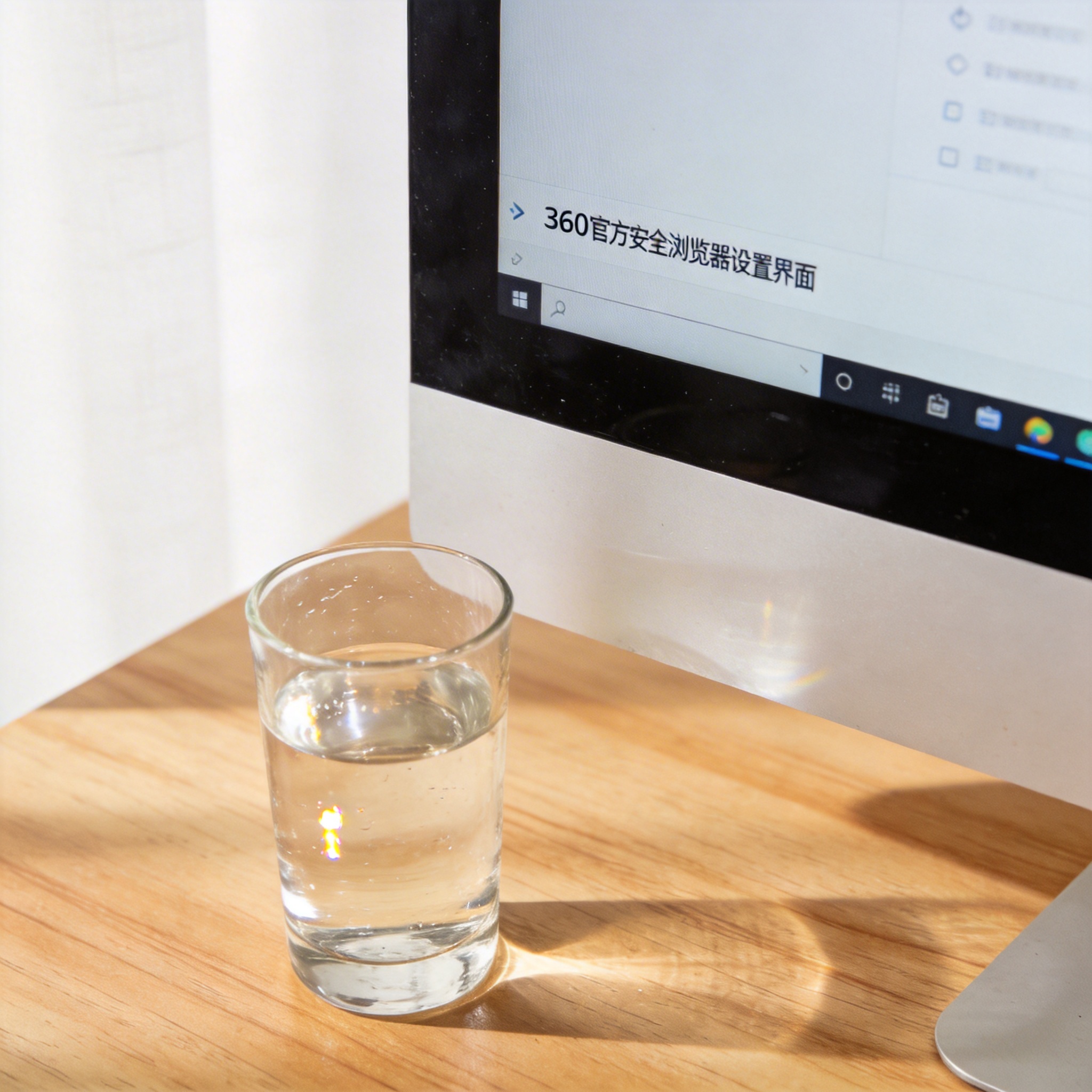 书桌上的主机，屏幕显示360 官方安全浏览器设置界面，桌角放着水杯，自然光