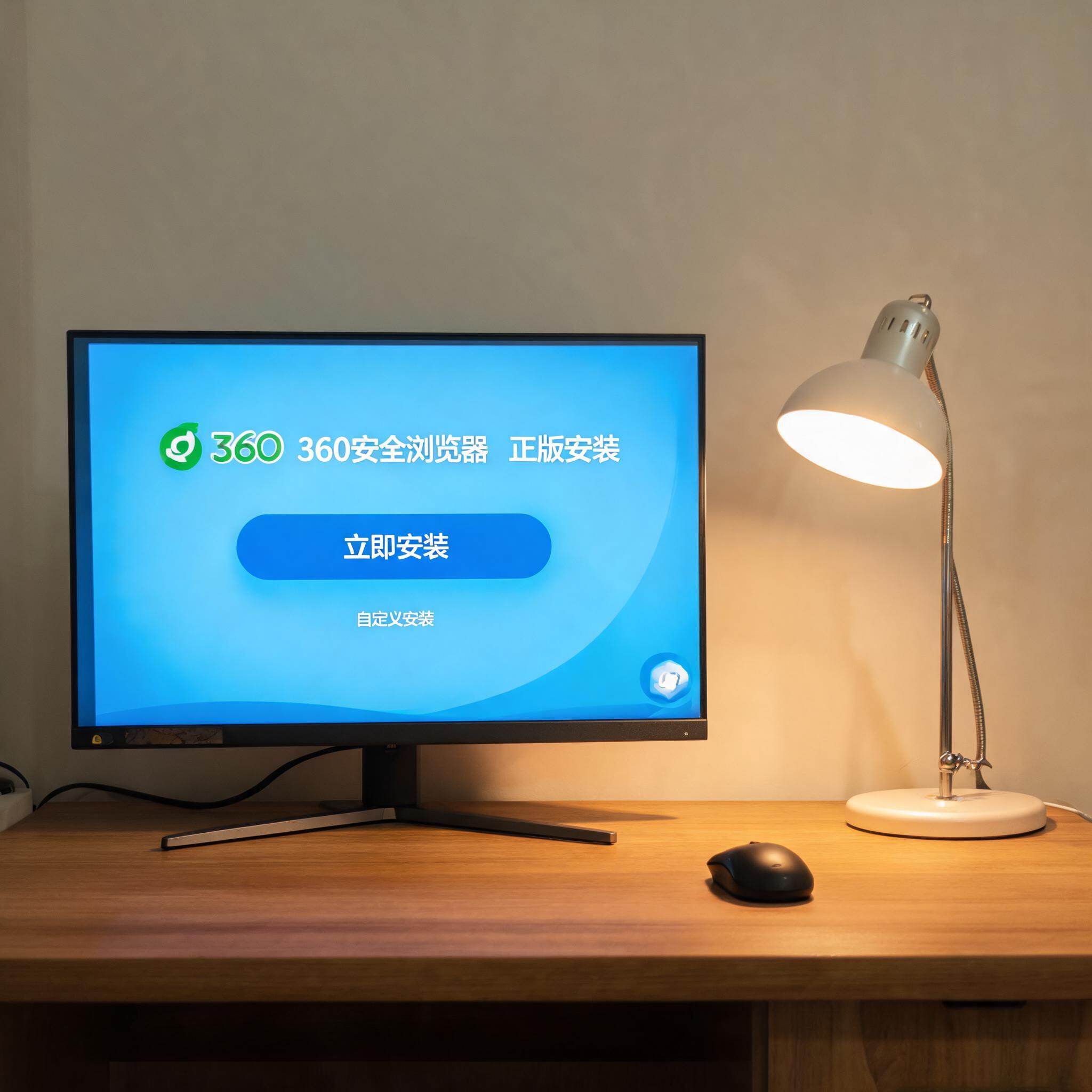电脑桌上的电脑，屏幕显示360 浏览器正版安装界面，旁边放着台灯