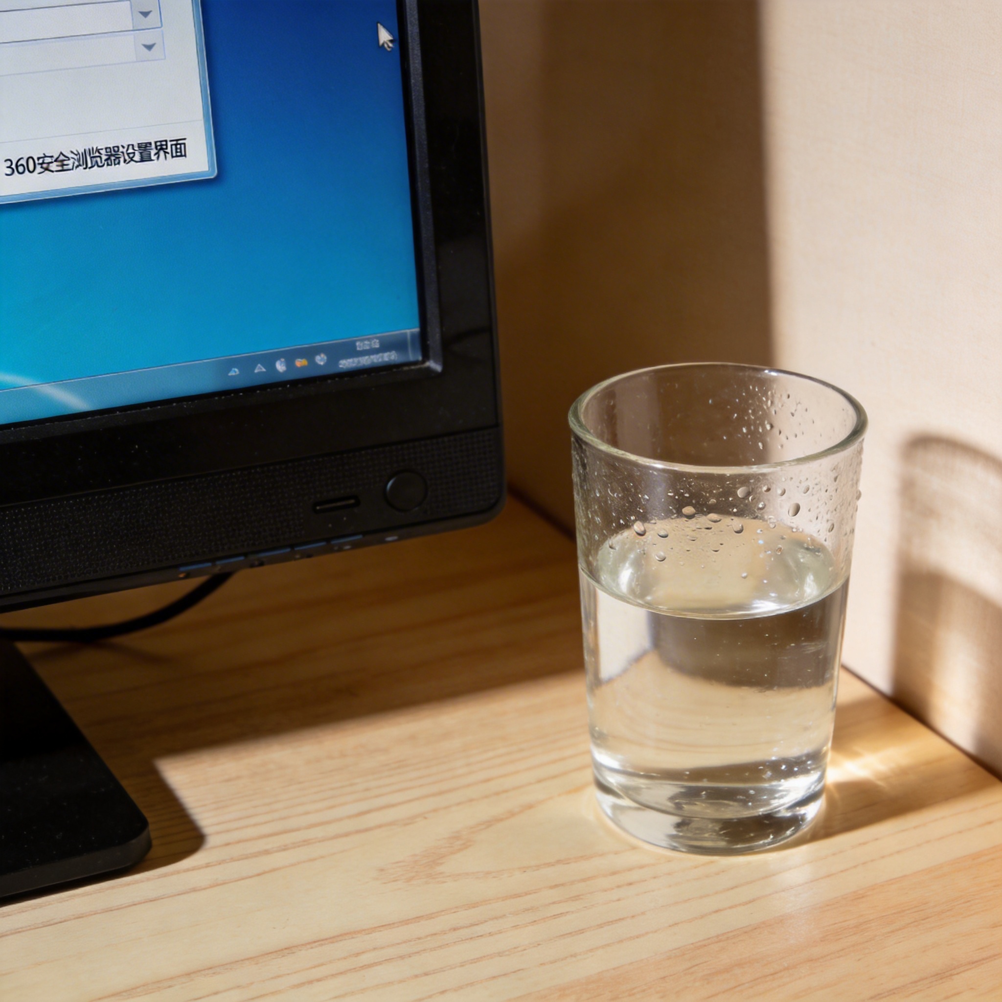 书桌上的主机，屏幕显示360安全浏览器设置界面，桌角放着水杯，自然光