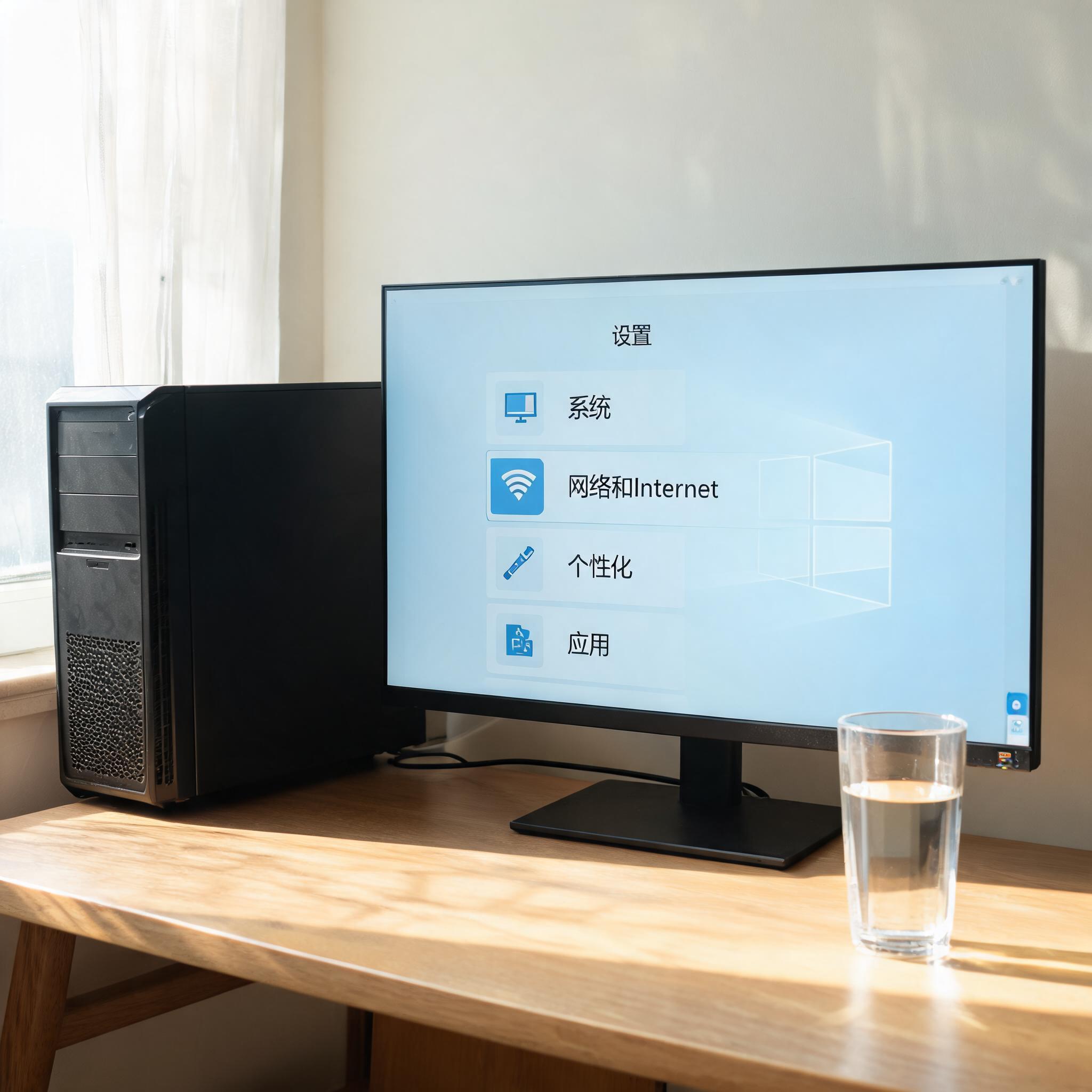 书桌上的主机，屏幕显示Windows设置界面，桌角放着水杯，自然光