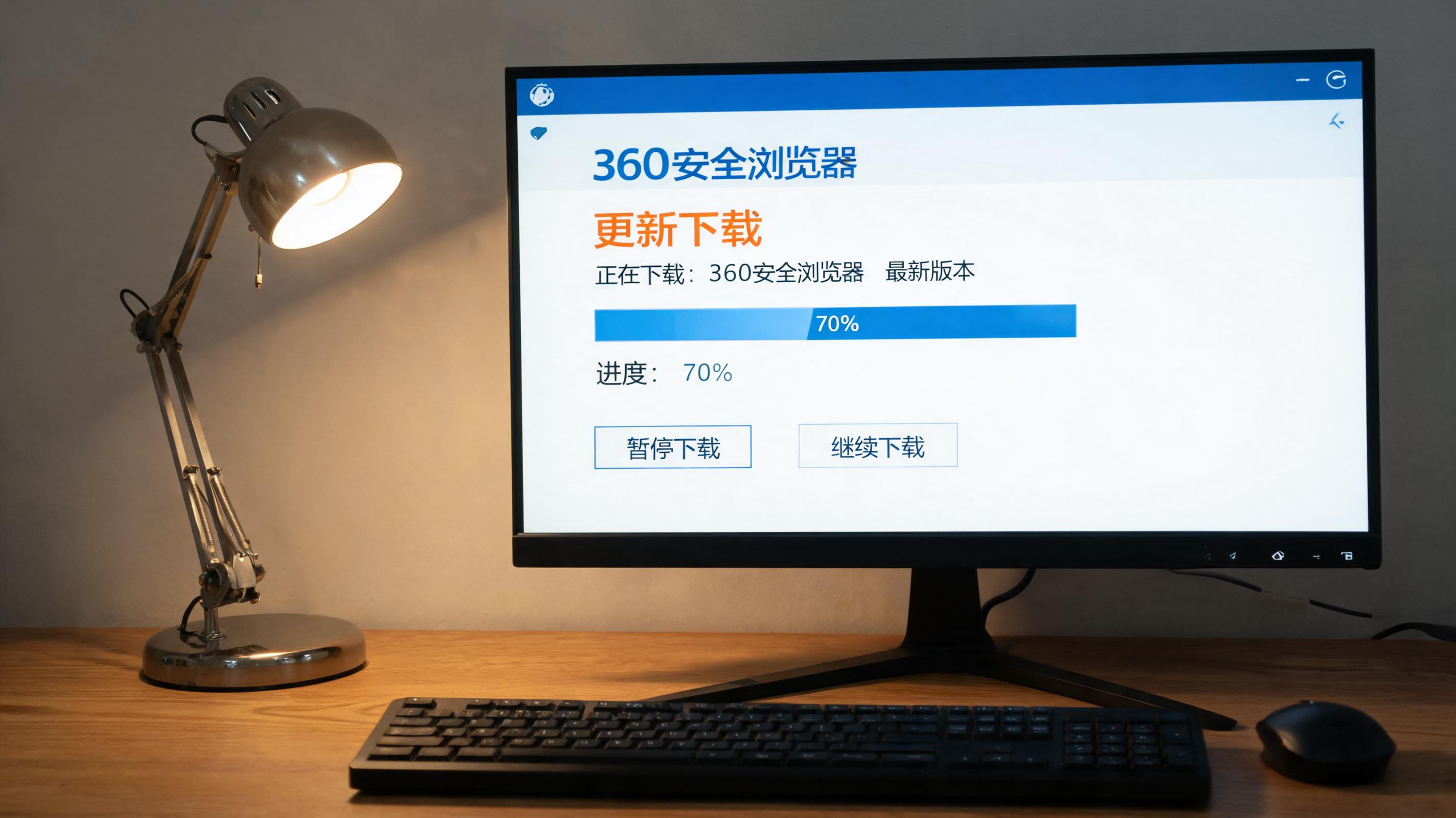 电脑桌上的电脑，屏幕显示360 安全浏览器更新下载菜单，旁边放着台灯