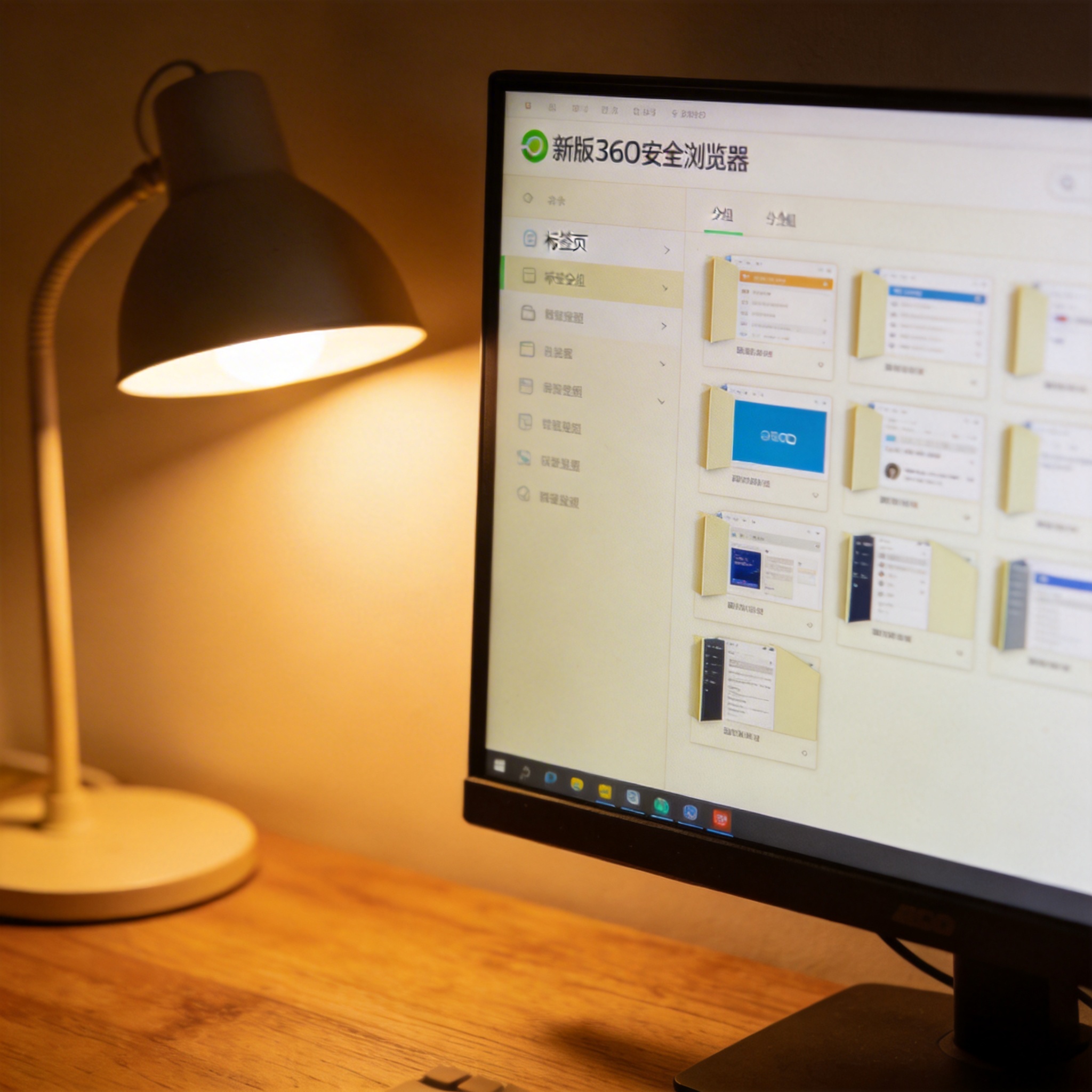 书桌上的电脑，屏幕显示新版360安全浏览器的标签页分组界面，多个分组折叠着，台灯暖光