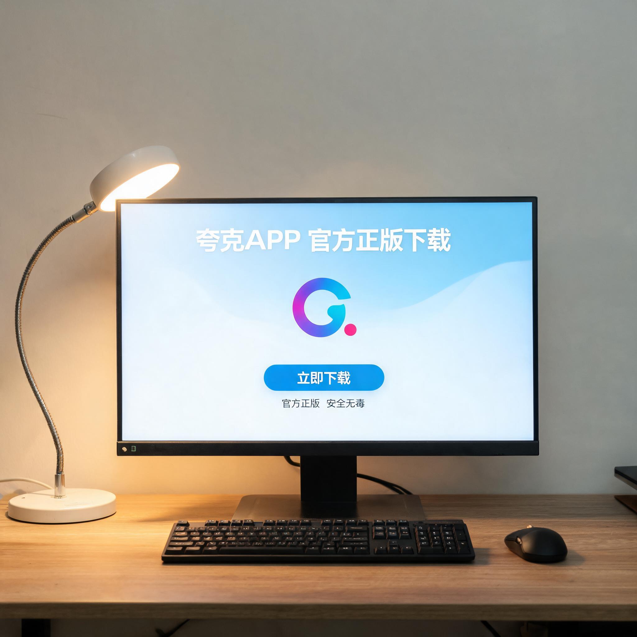 电脑桌上的电脑，屏幕显示夸克 APP 官方正版下载界面，旁边放着台灯