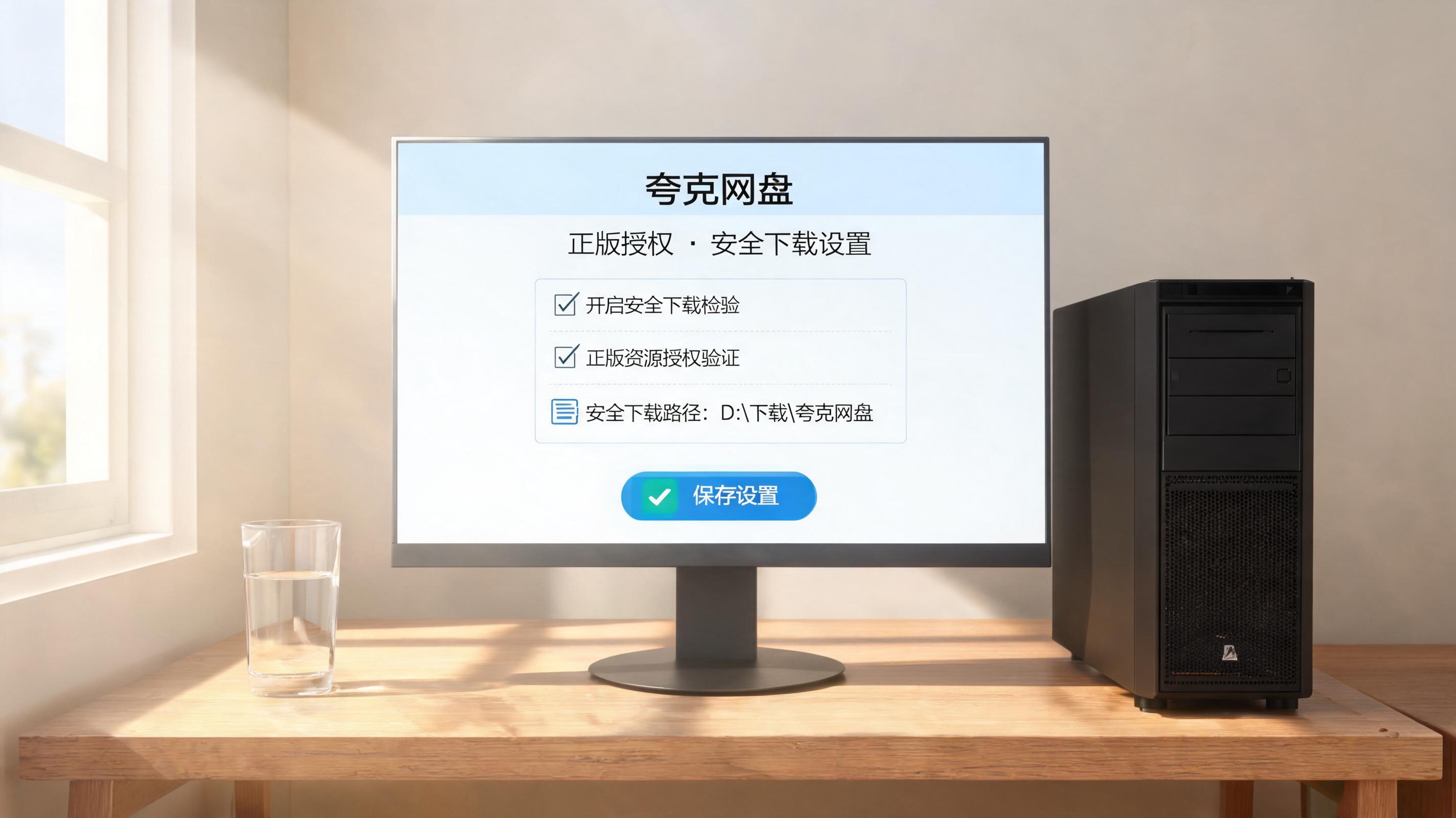 书桌上的主机，屏幕显示夸克网盘正版授权安全下载设置界面，桌角放着水杯，自然光