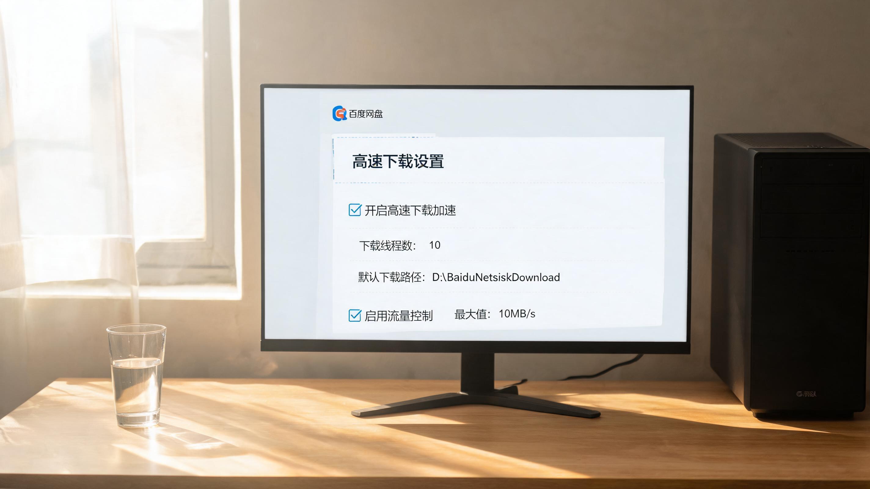 书桌上的主机，屏幕显示百度网盘高速下载设置方法设置界面，桌角放着水杯，自然光